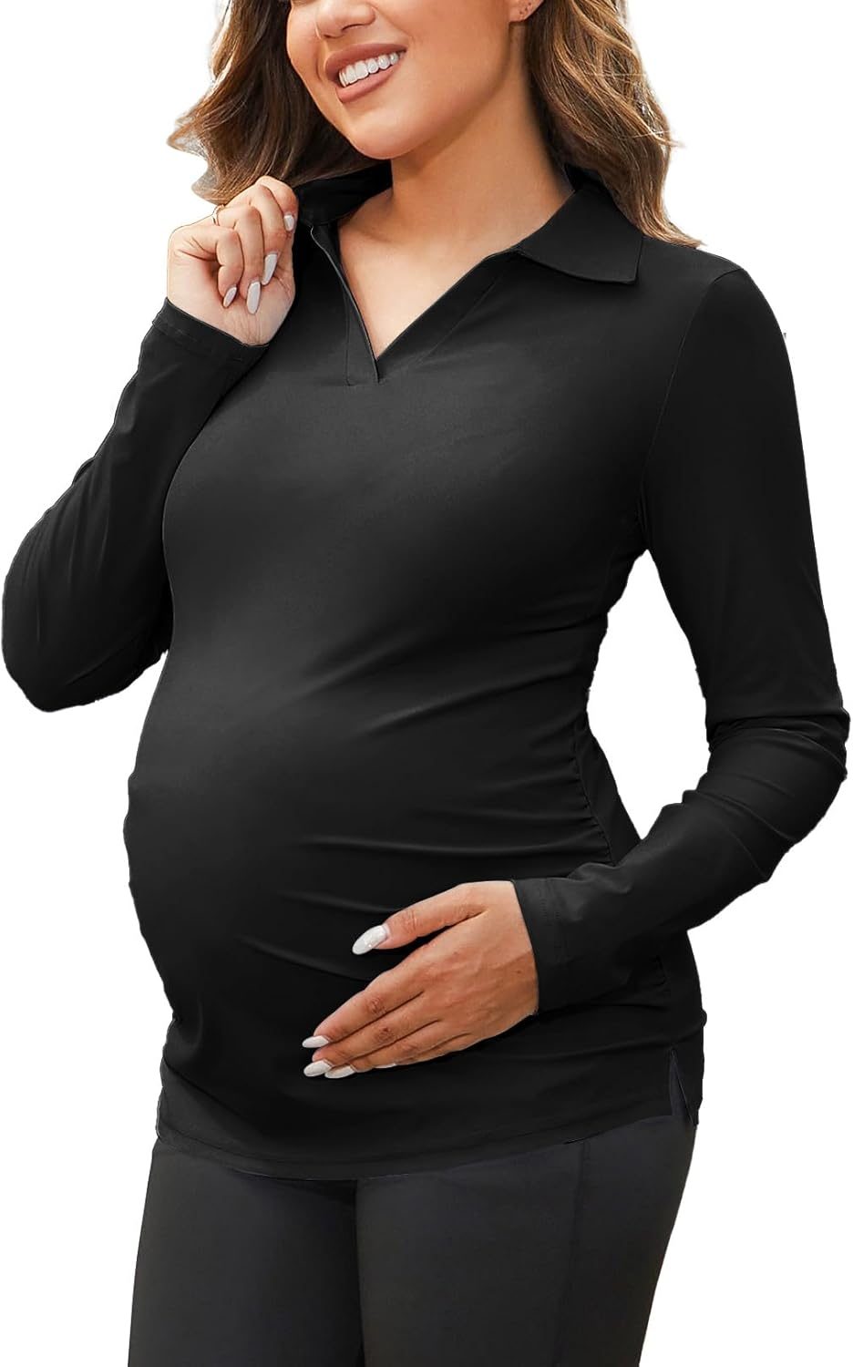 Bhome Maternity Golf Tennis Polo Shirts V Neck Pregnancy Long Sleeve Collared Work Tops Athletic Yoga Tee for Women