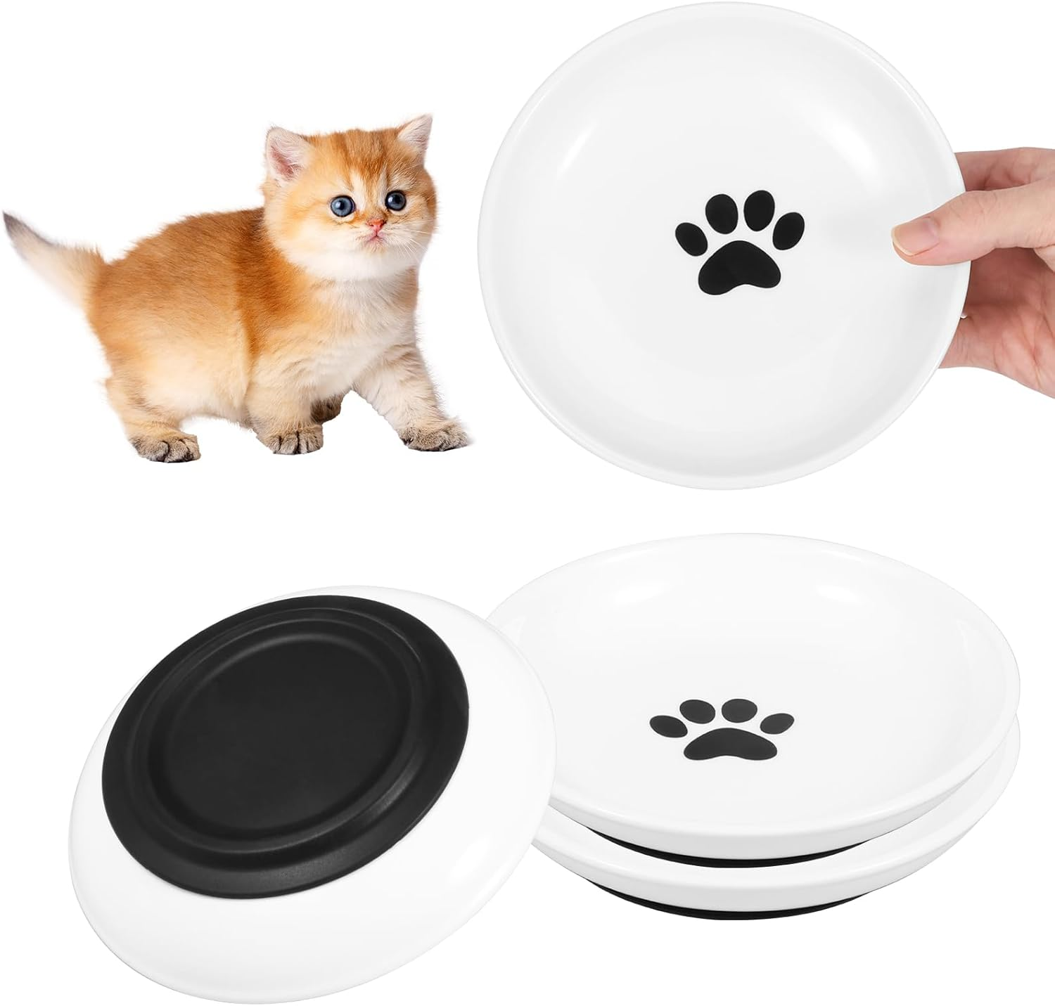2/4Pcs Pet Plate, Raised Cat Food Bowl Ceramic Cat Dishes with Nonslip Silicone Base Pad Shallow Wide Kitten Bowls for Wet/Dry Food Indoor Pets (White 01)