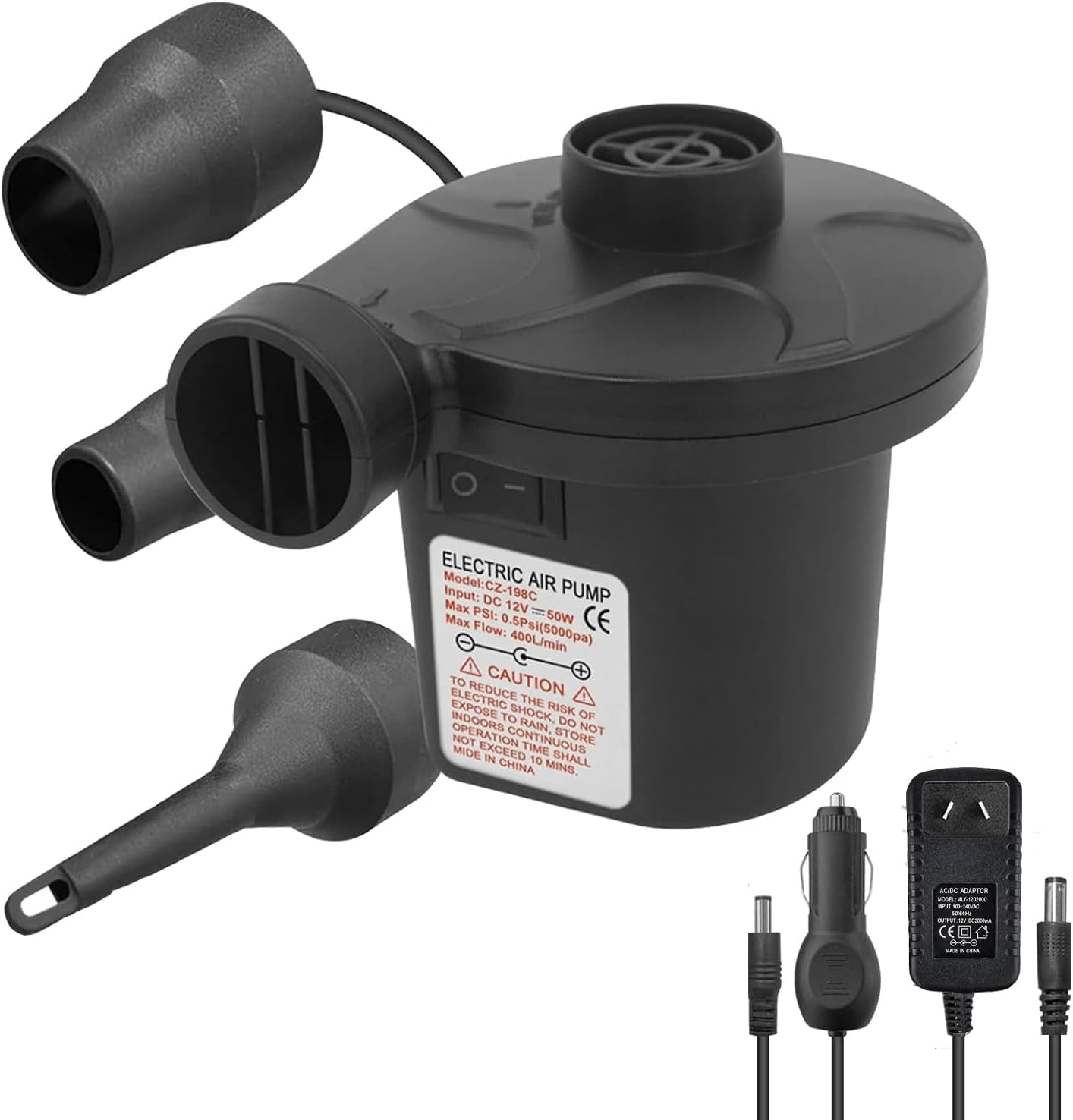 Electric Pump for Inflatables with 3 Nozzles, AC 110-240V/DC 12V 50W High Power Electric Air Pump for Air Bed Mattress Couch Inflatables Paddling Pool Beach Toys, Fill Inflator Deflator image number 5