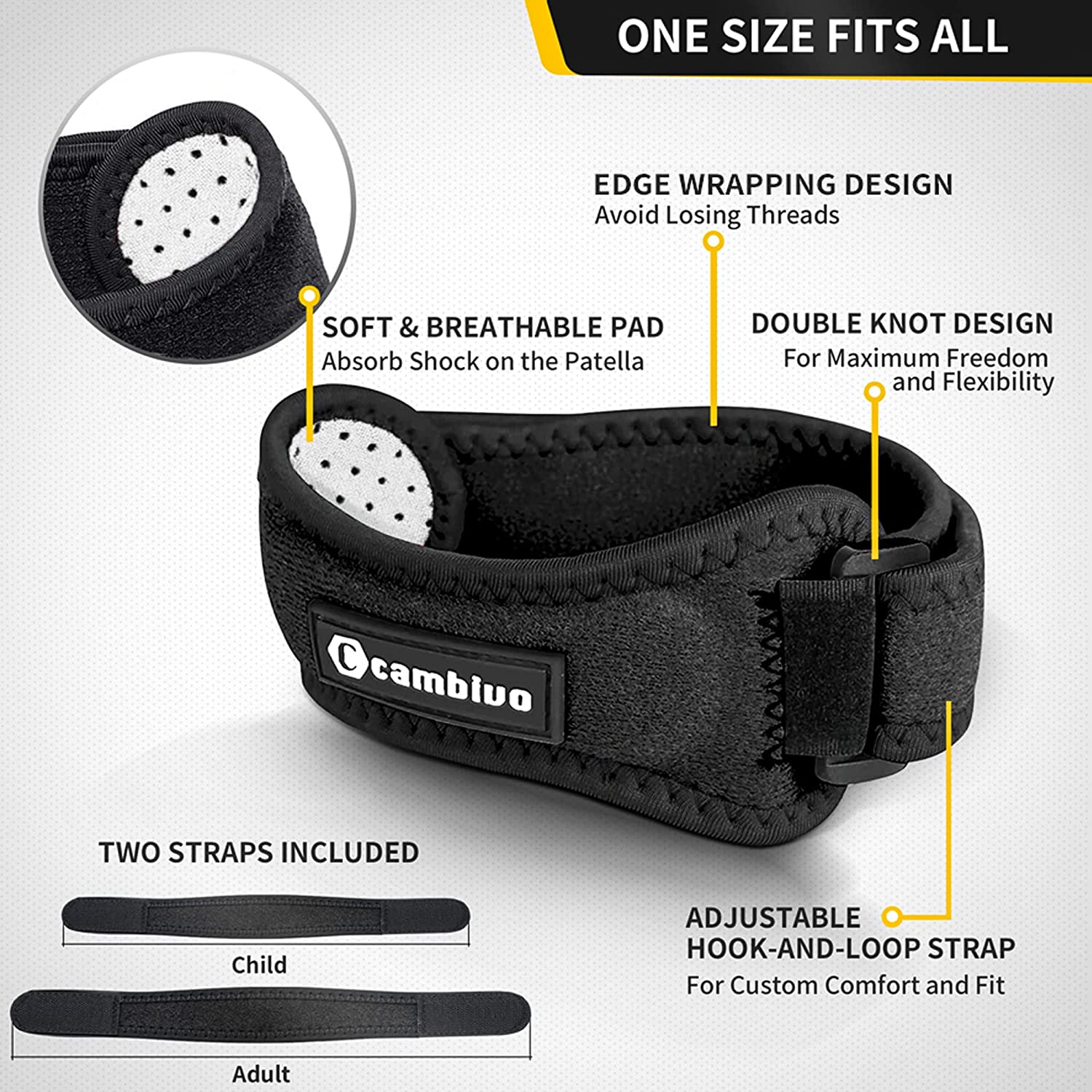 CAMBIVO Patella Knee Strap, 2 Pack Adjustable Tendon Strap, Knee Brace Support Band for Knee Pain Relief, Tendonitis, Basketball, Running, Jumpers Knee, Hiking, Volleyball, Tennis, Squats (Black) image number 2