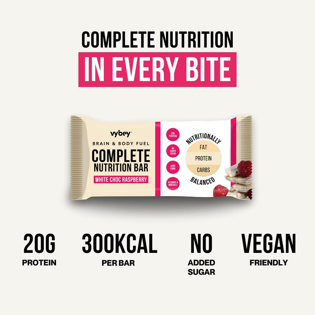 Vybey Complete Nutrition Meal Bars &ndash; 12 X 80G | 20G Protein | High Fibre | Essential Vitamins & Minerals | No Artificial Ingredients | Vegan & Gut-Friendly | White Choc Raspberry image number 5