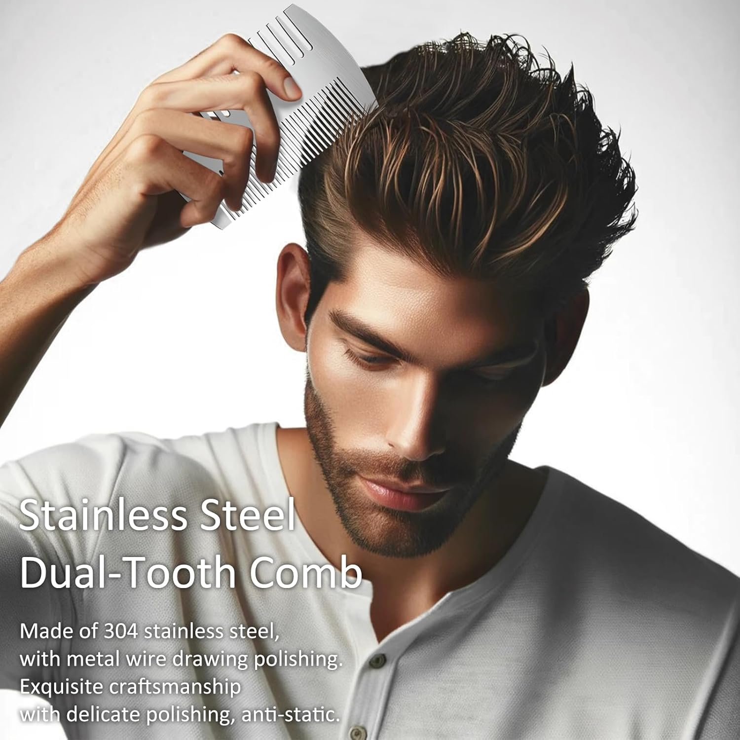 Stainless Steel Comb - Credit Card-Sized, Anti-Static Dual-Action Beard and Hair Comb, Perfect for Grooming on the Go, Presented in Elegant Gift Box image number 4