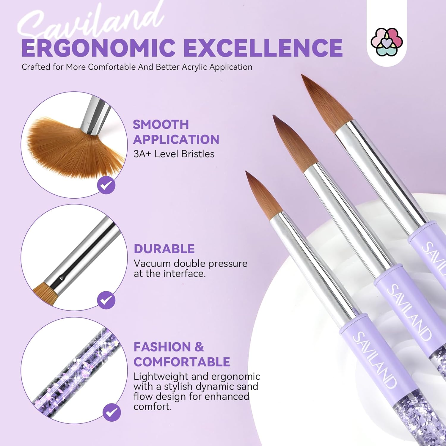 SAVILAND Kolinsky Acrylic Nail Brush Set: Size 6,10,14 Professional Nail Brushes Cleaner Manicure Tool for Acrylic Application Acrylic Powder Nail Extension 3D Nail Carving for Nail Art DIY