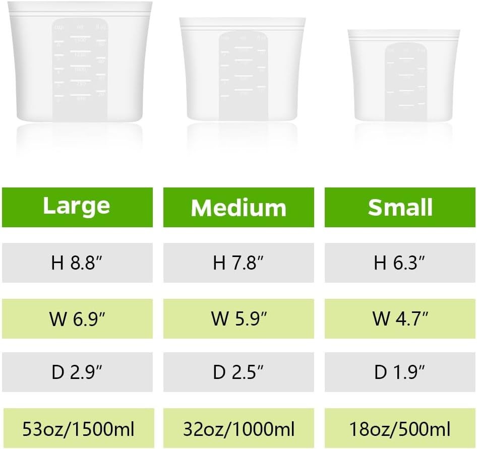 Reusable Silicone Food Storage Bag, for Microwave, Oven, Fridge, Freezer & Sous Vide Zip Sealed Containers (3 Size：53Oz, 32Oz, 18Oz)&hellip; image number 2