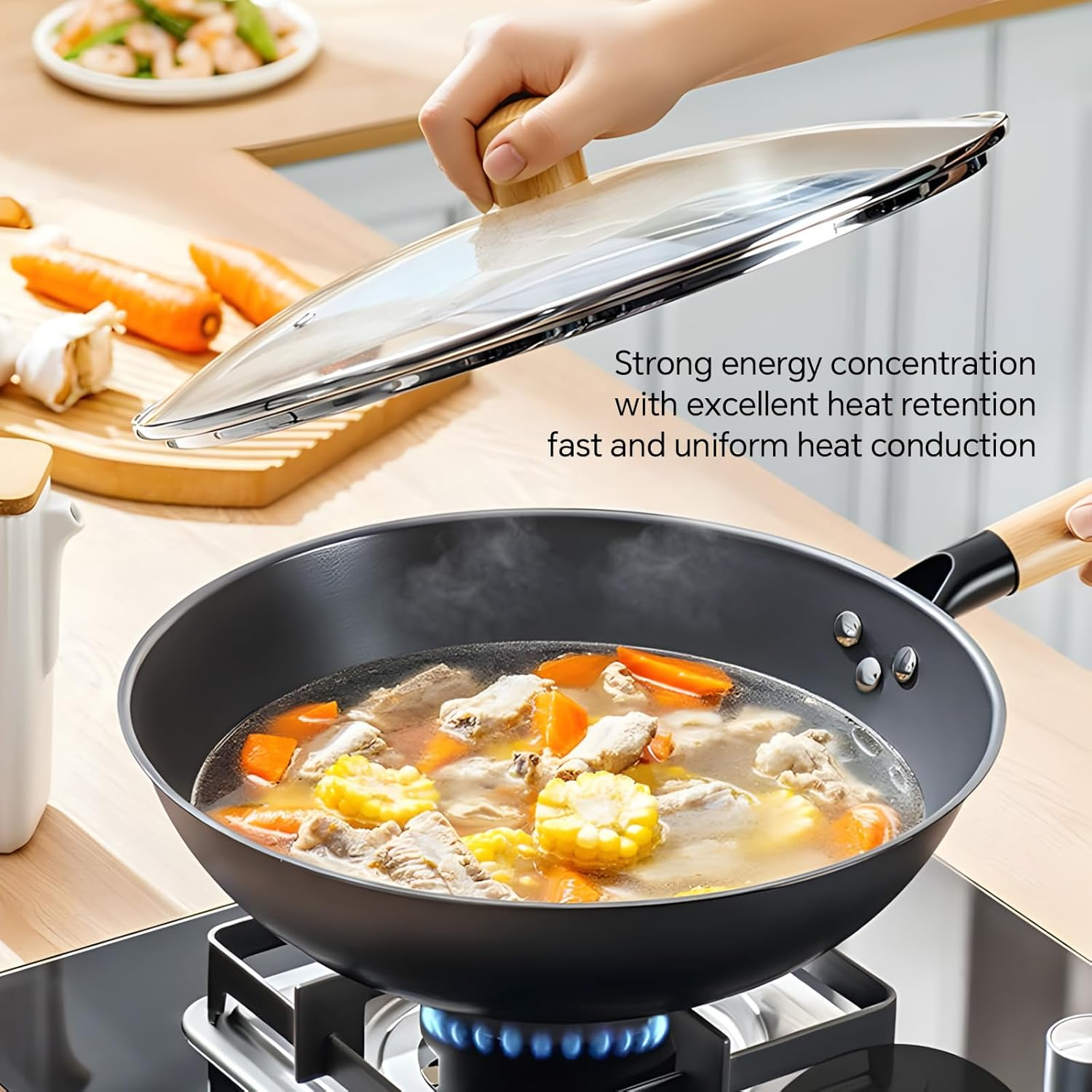 ZHANG XIAO QUAN since 1628 Carbon Steel Wok with Glass Lid - Hammered for Natural Non-Stick, Anti-Rust Nitride Cookware, round Bottom Chinese Wok Pan for Gas Stoves & Stir Fry (30Cm/12) image number 4