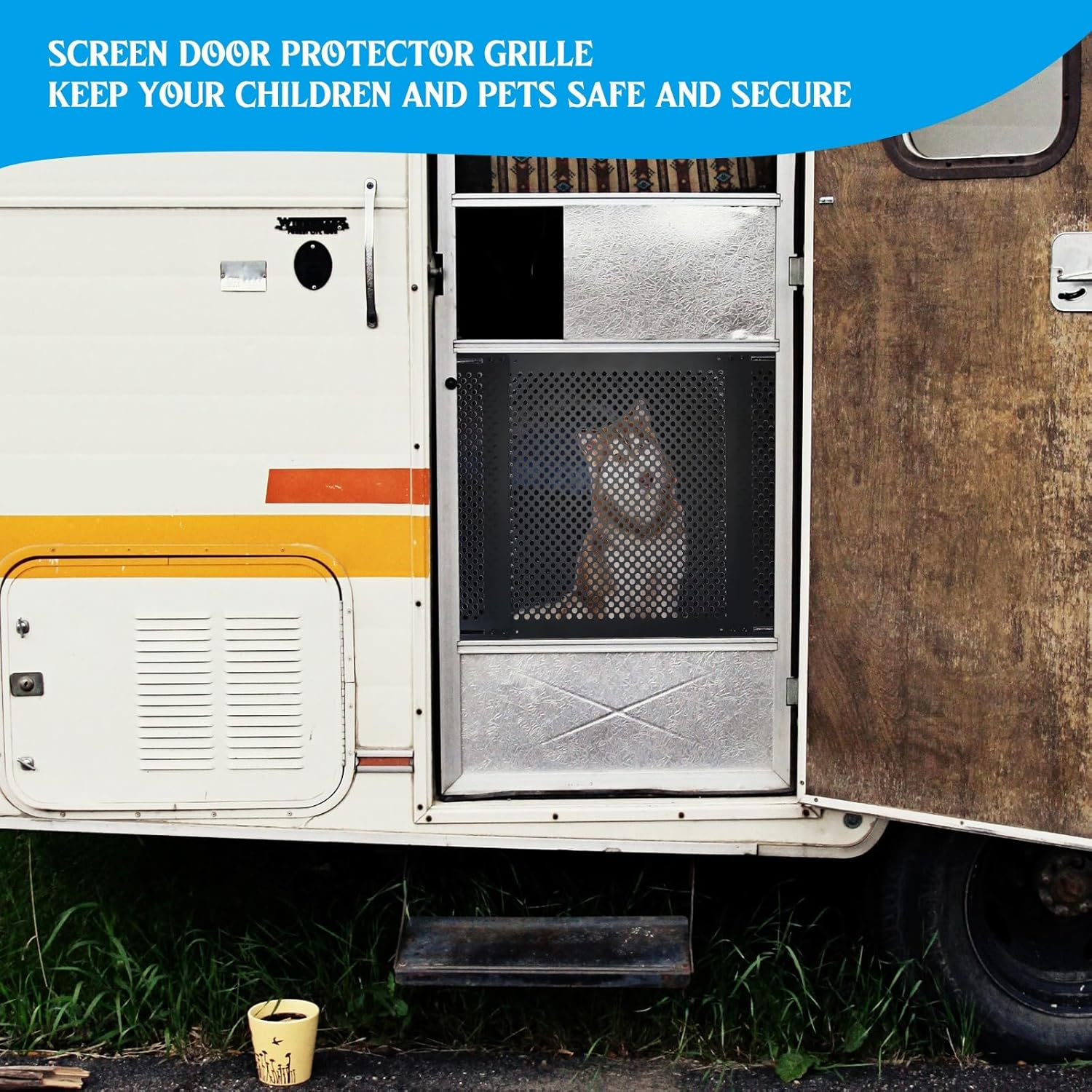 Gisafai Adjustable RV Door Screen Protector Adjusts from 21''- 31.5'' Aluminum RV Entry Screen Door Grille Alloy Screen Door Grill Screen Defender for RV Door, Black (Classic,24 Inch High)