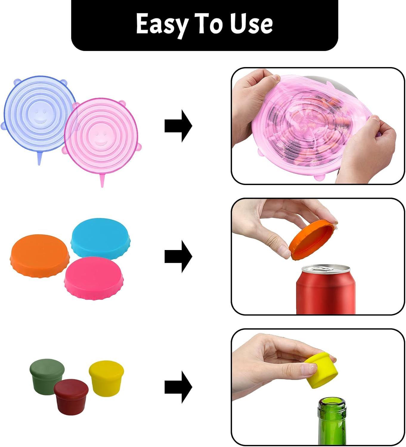 Daily Treasures Reusable Silicone Lids Food Covers Set-12Pcs Silicone Covers for Bowls and Fruit,3Pcs for Cans and 3Pcs Silicone Cup Lids -Food Grade Stretch Lids,Safe in Dishwasher and Fefrigerator image number 2