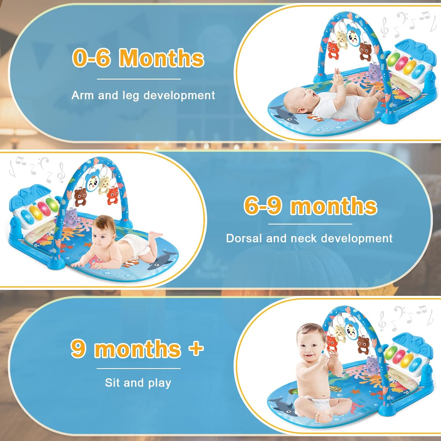 Baby Gyms Play Mats, Funny Play Piano Tummy Time Baby Activity Mat with 5 Infant Sensory Baby Toys Baby Play Piano Gym Mat with Music and Light for Babies Newborns and Toddlers (Blue) image number 1