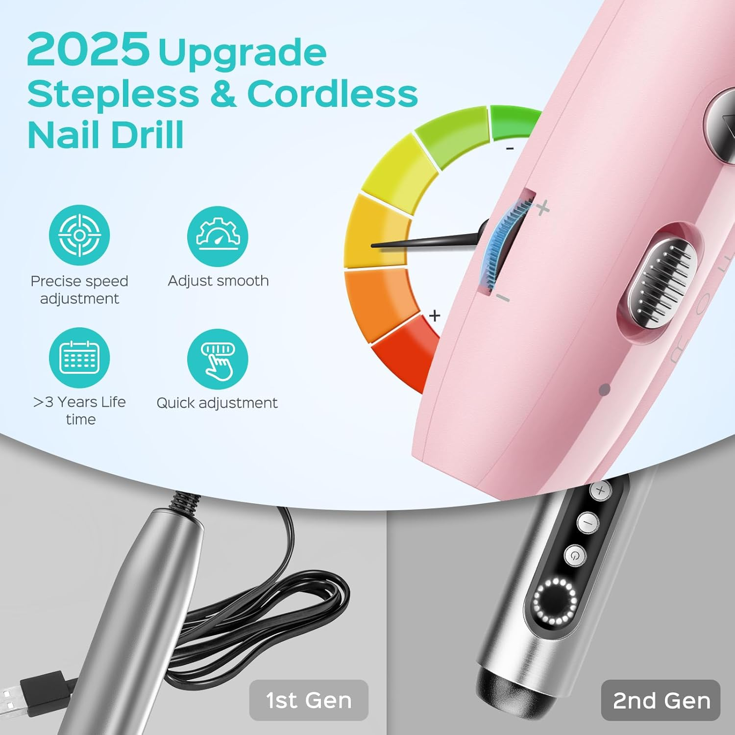 COSLUS Cordless Electric Nail Drill File: Nail Drill Machine with Stepless Speed Knob for Acrylic Gel Dip Powder Polish, Professional Portable Manicure Pedicure Rechargeable for Home Salon Use Pink