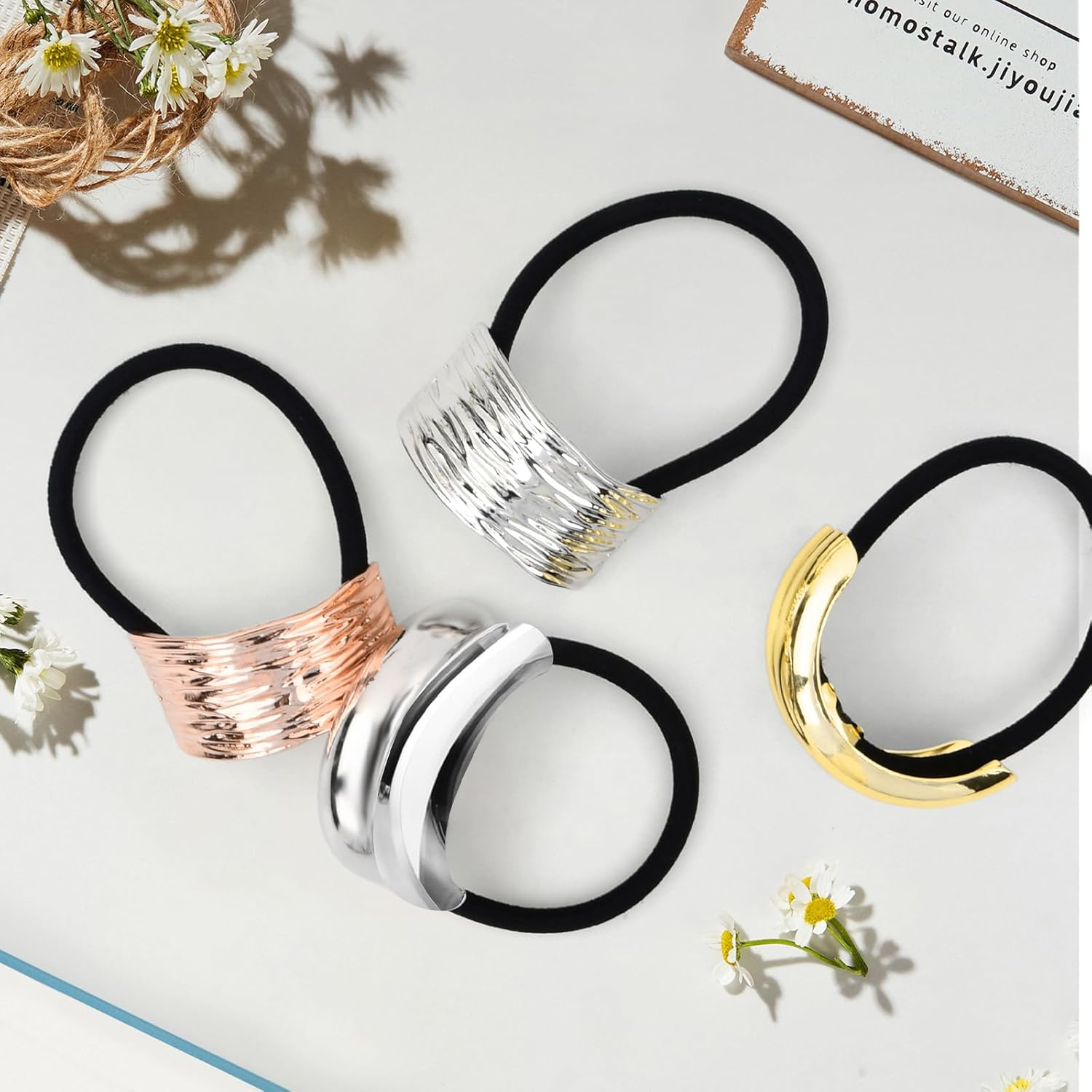 YILANJIN Pack of 4 Hair Bobbles, Metal Hair Accessories, Hair Bobbles, Glitter Ponytail Holder Cuff, Stylish Hair Band, Fashionable Elastic Hair Band for Women, Girls, Hair Accessory (A) image number 3