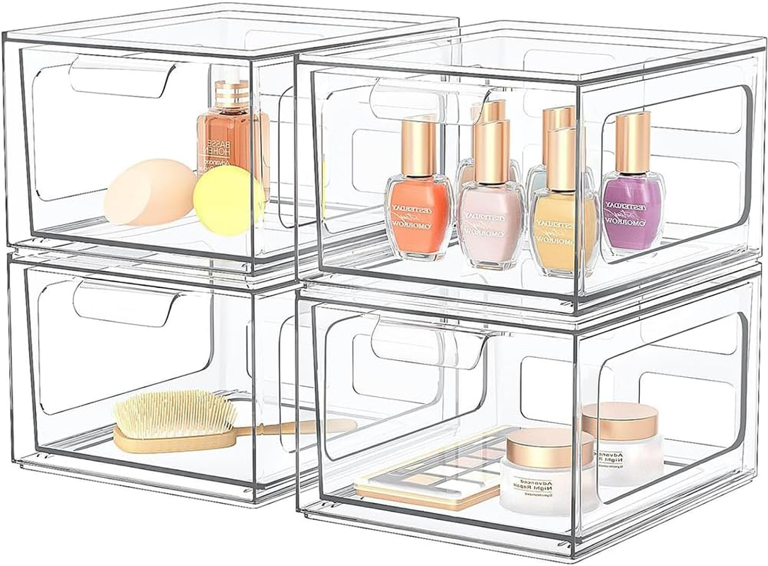 GUDAJIN 4-Pack Stackable Makeup Storage Drawers, Clear Acrylic Drawer Organizers Plastic for Makeup, Office Storage, Art Supplies, Jewelry, Stationery image number 2