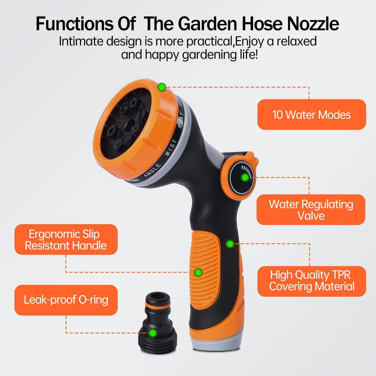Garden Hose Nozzle, 10 Adjustable Patterns, Zinc Alloy & ABS Plastic, Thumb Switch, Multi-Purpose Sprayer, Orange & Black image number 2