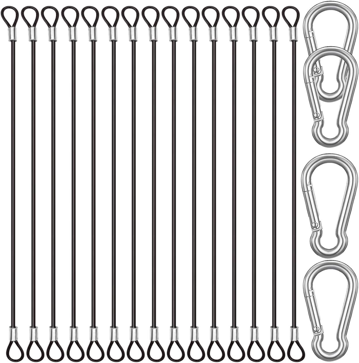 CKANDAY 10 Pack 20 Inch(50Cm) Stainless Steel Tethers with 4 Pcs Spring Snap Hook Clips, Steel Wire Cable with Loops Vinyl Cover Coated Short Rope Lanyard Lock Tether Chains, Black