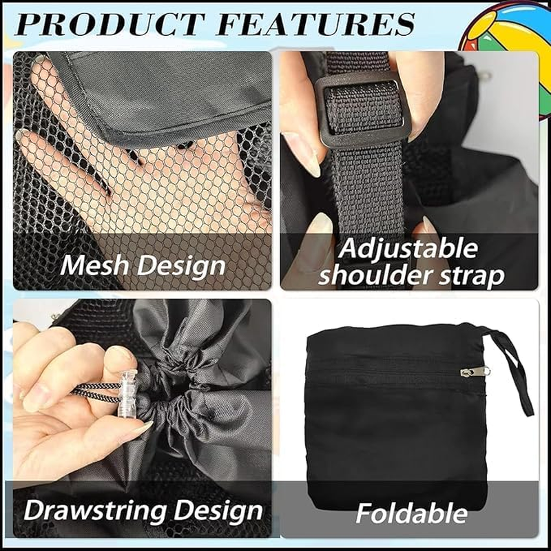 Yangshengyi Foldable Drawstring Mesh Beach Backpack, 1Pc Portable Draw-String Mesh Backpack Mesh Beach Tote, Drawstring Beaching Shell Toy Bag Mesh Backpack for Pool, Black image number 3