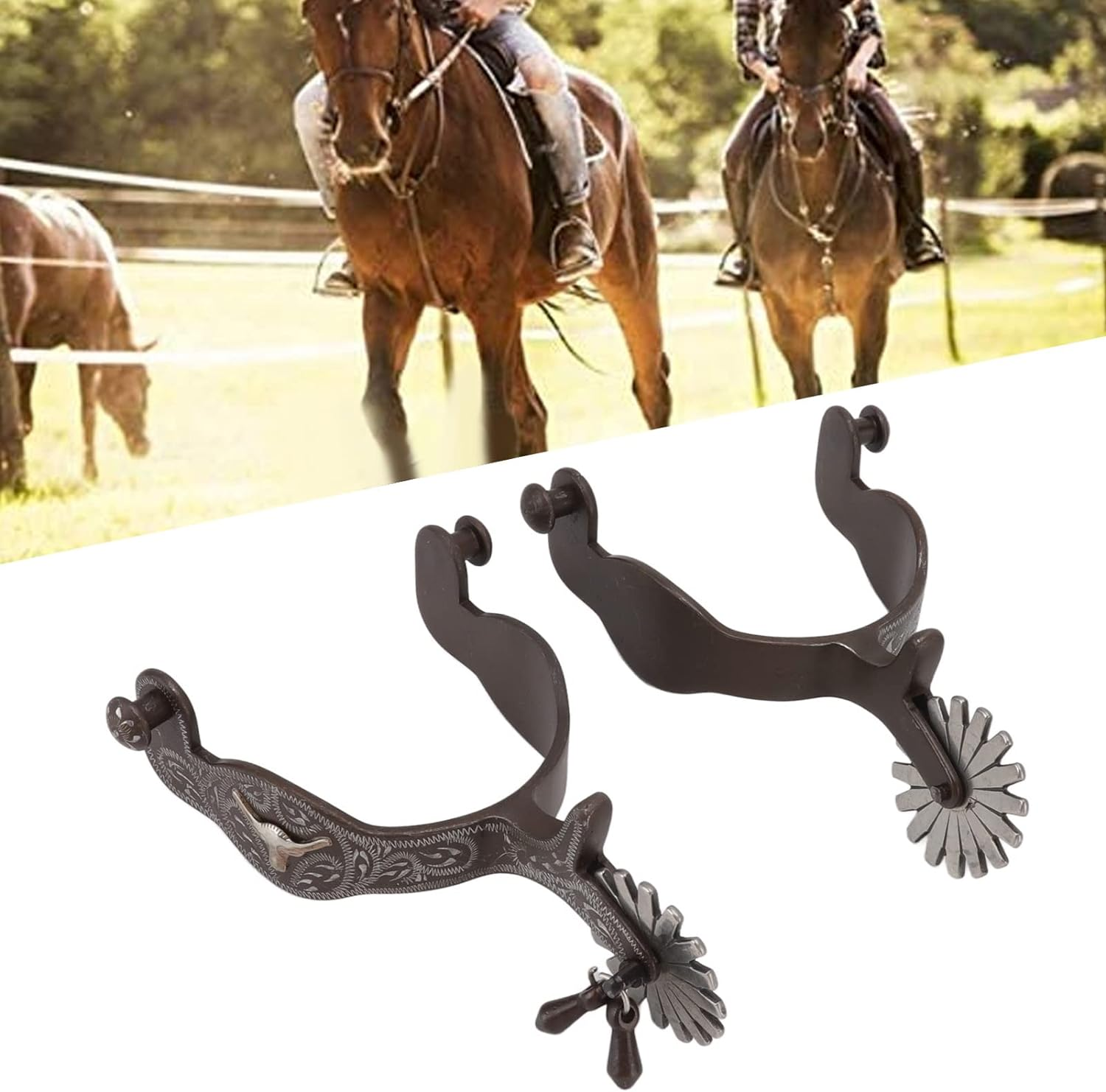 Western Engraved Spurs, 1 Pair Western Cowboy Boot Spurs, Carbon Steel Engraved Horse Spurs with Vintage Pattern, U Shaped Equestrian Spurs for Saddlery Equestrian Equipment image number 2