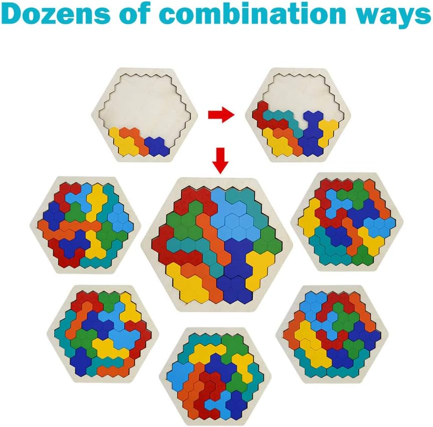 Wooden Brain Teaser Toy for Kids Adults Tangram Jigsaw Intelligence Colorful Hexagon Geometry Logic IQ Game STEM Montessori Educational Toys for All Ages Challenge image number 5