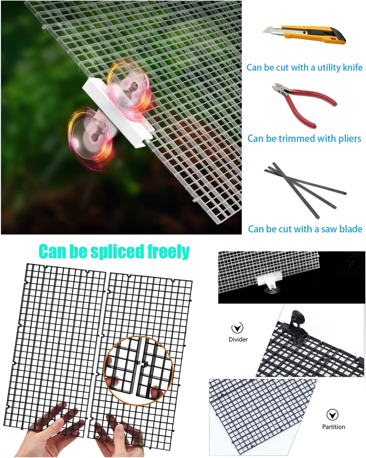 YELINTIAN Fish Tank Bottom Isolations Set, Fish Tank Divider Spliceable, 6 Pcs Aquarium Divider Trays with 4Pcs Suckers for Aquarium Crate Mixed Breeding and Bottom Protection in Aquascaping (Black) image number 1