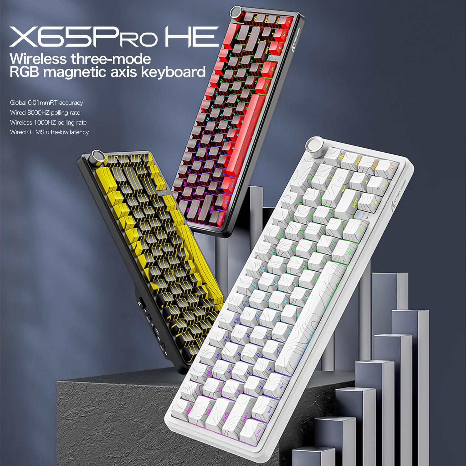 ATTACK SHARK X65PRO HE Rapid Trigger Magnetic Mechanical Keyboard,65% Hot Swappable, Hall Effect Sensor,Adjustable Actuation,Tri-Mode RGB, 8Khz Polling Rate with Coiled Cable for Moba/Fps/Rts-White - White image number 2