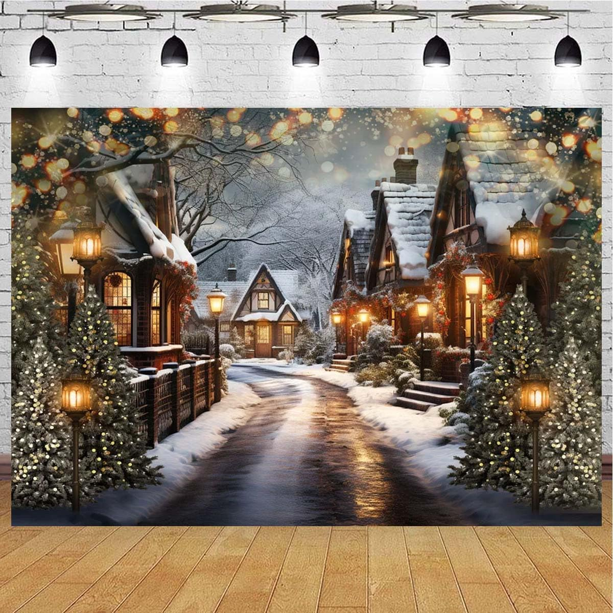 Christmas Snowy Night Background Photography Street Lights Houses Shops Christmas Trees Children Family Backdrops Winter Christmas Eve Fairytale Street Lights Snowy Scene Background,7X5Feet