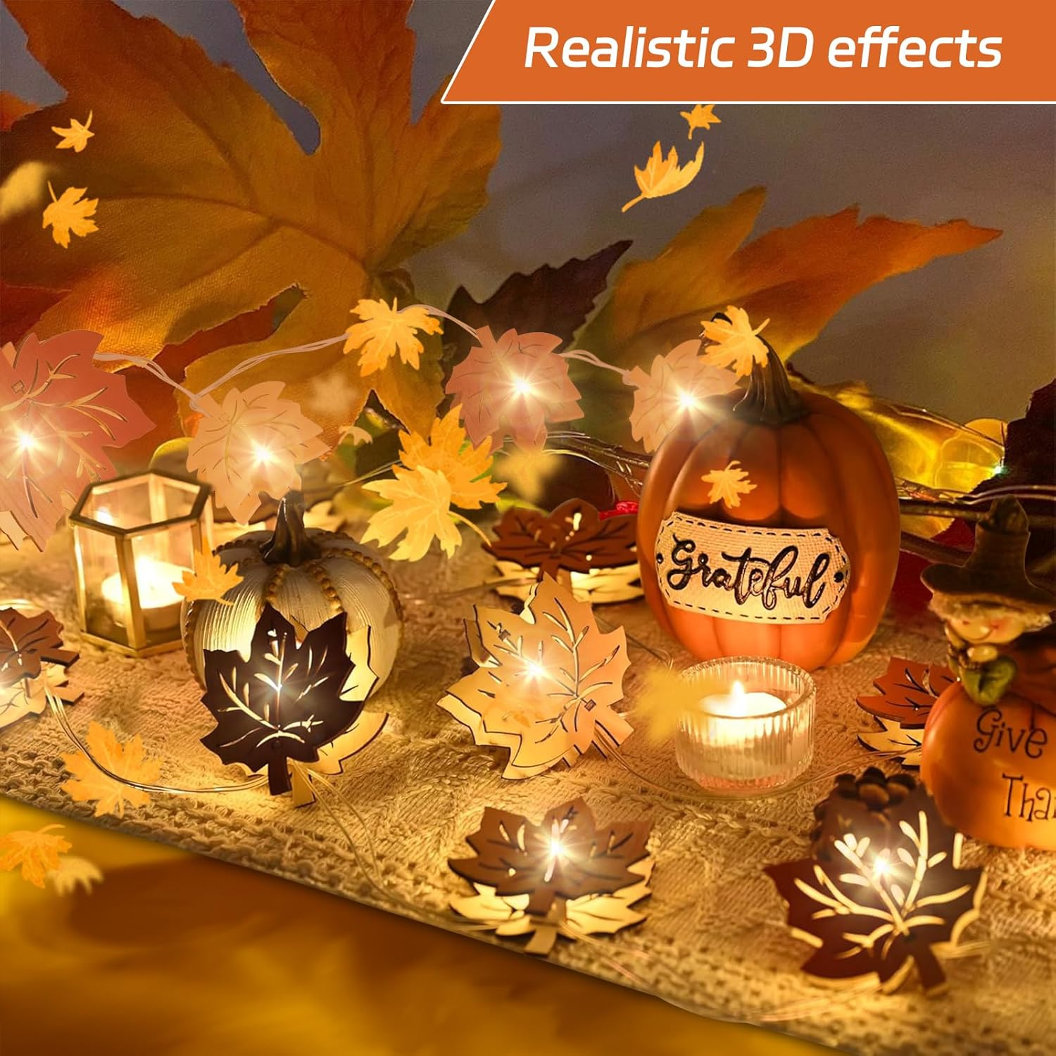 Ydseozoa 1.5 M Autumn Decoration Fairy Lights, Wooden Maple Leaves Fairy Lights, 10 Leds, Artificial Maple Leaf Autumn Hanging Garland for Halloween Thanksgiving and Christmas Decoration image number 6