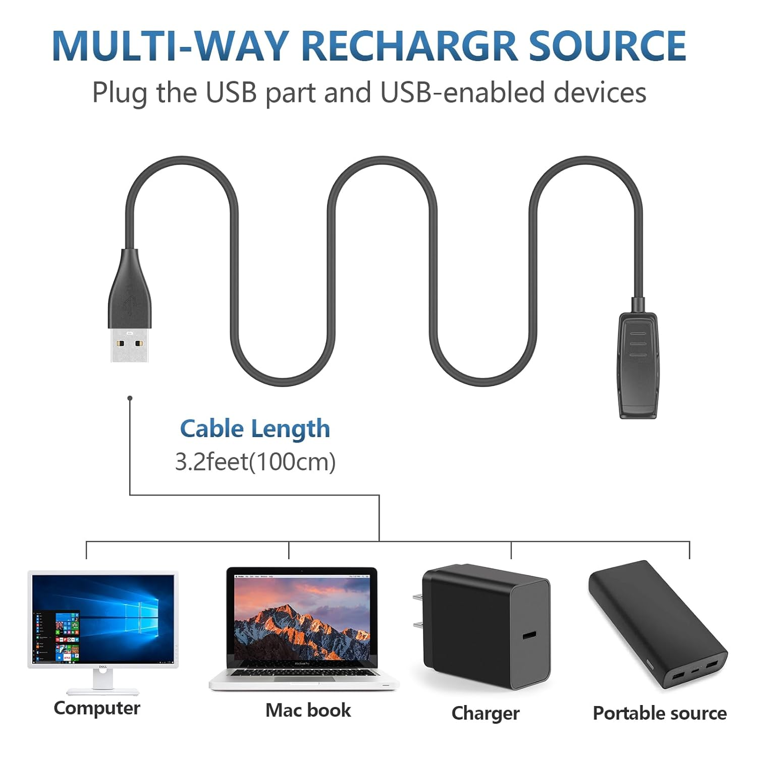 VANCLE Charger for Garmin Forerunner 735XT 235 35 64 230 630 645/645 Music, 1M/3.3Ft USB Fast Charging Cable for Garmin Approach S20/G10, Vivomove Hr/Lily Smartwatch (1, 100CM)