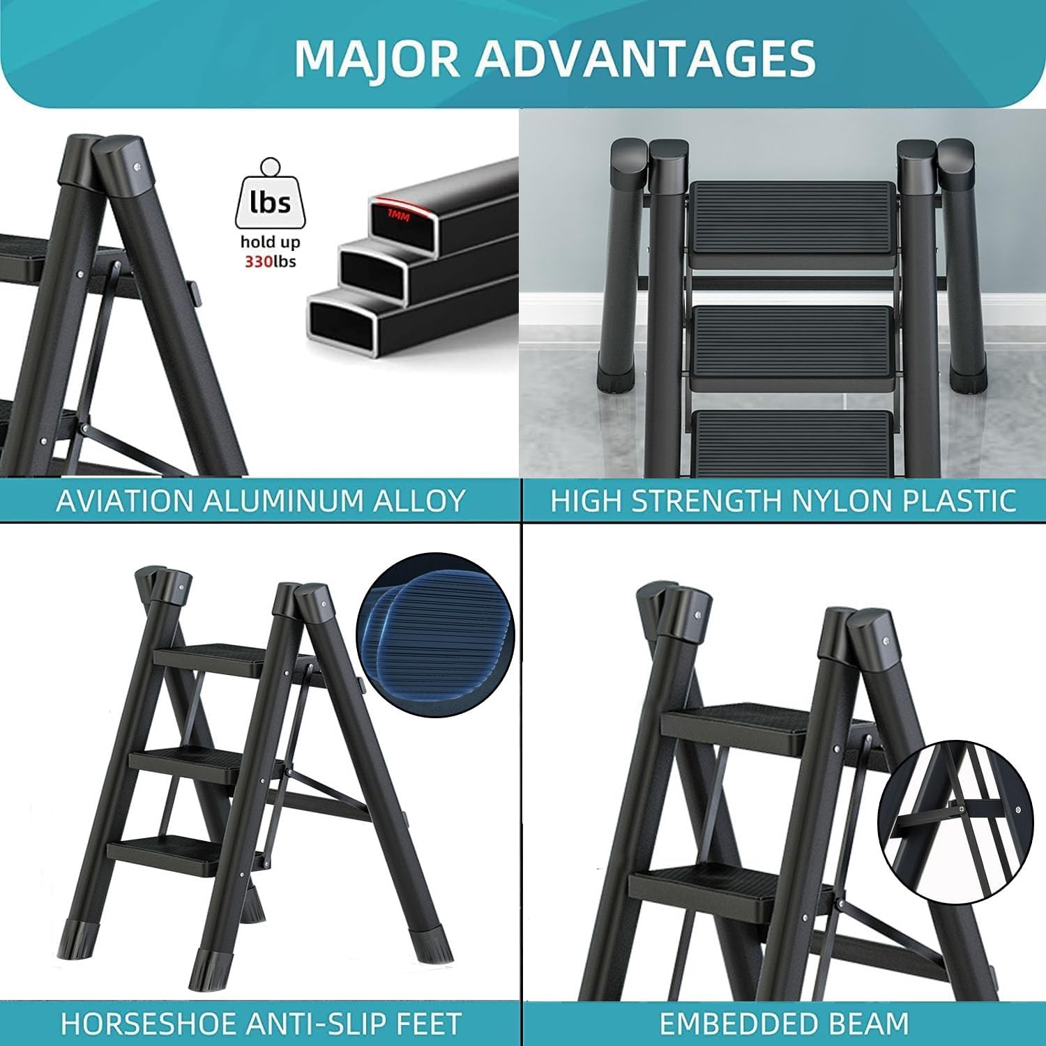 Step Ladder 3 Step Folding,Lightweight Portable Folding Step Stool with Anti-Slip Sturdy and Wide Pedal,330Lbs Load Step Stools, Safer Step Ladder for Home/Kitchen,Small Foldable Step Stool image number 3