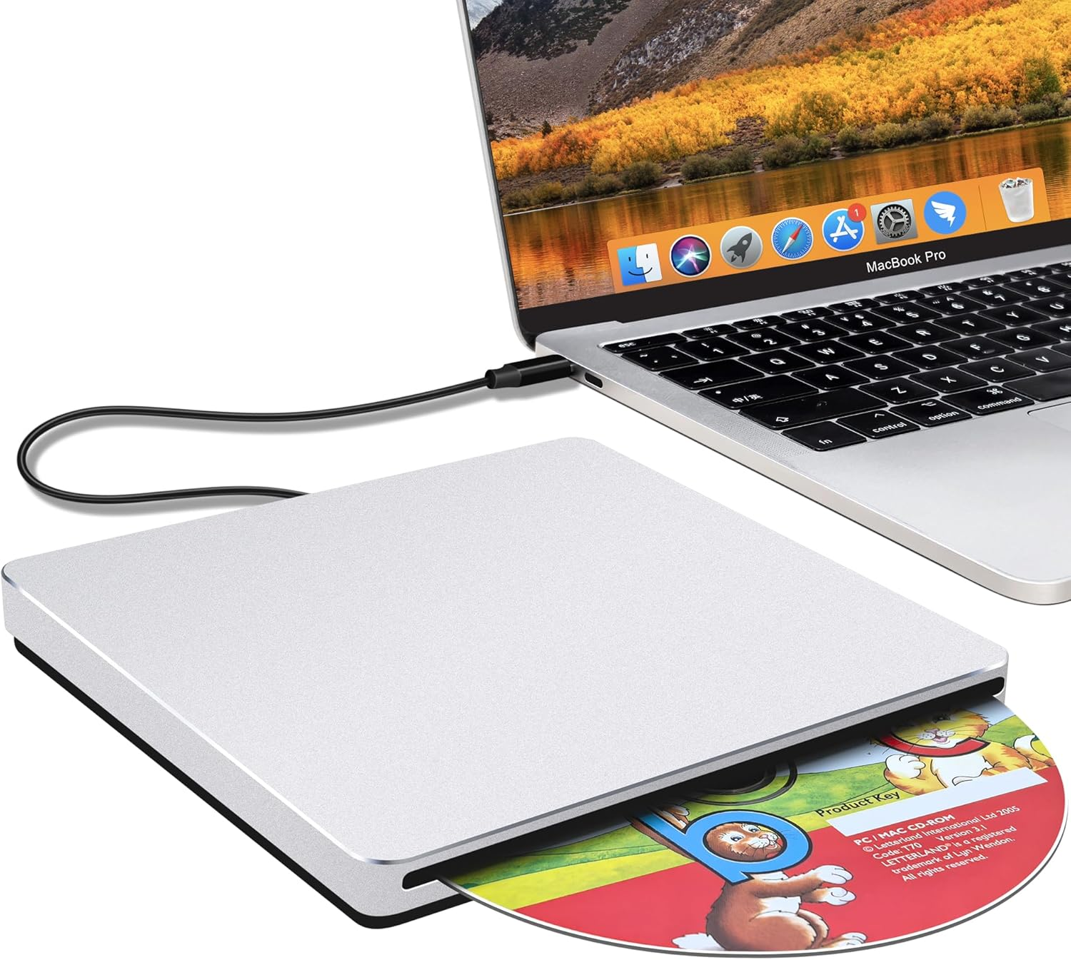 NOLYTH External CD DVD Drive: Plug & Play for Laptop Mac Macbook PC Windows - Portable High-Transfer USB C Burner for Music/Movie/Data Backup - Slot-In Aluminum with USB 3.0 Adapter(Silver) image number 1