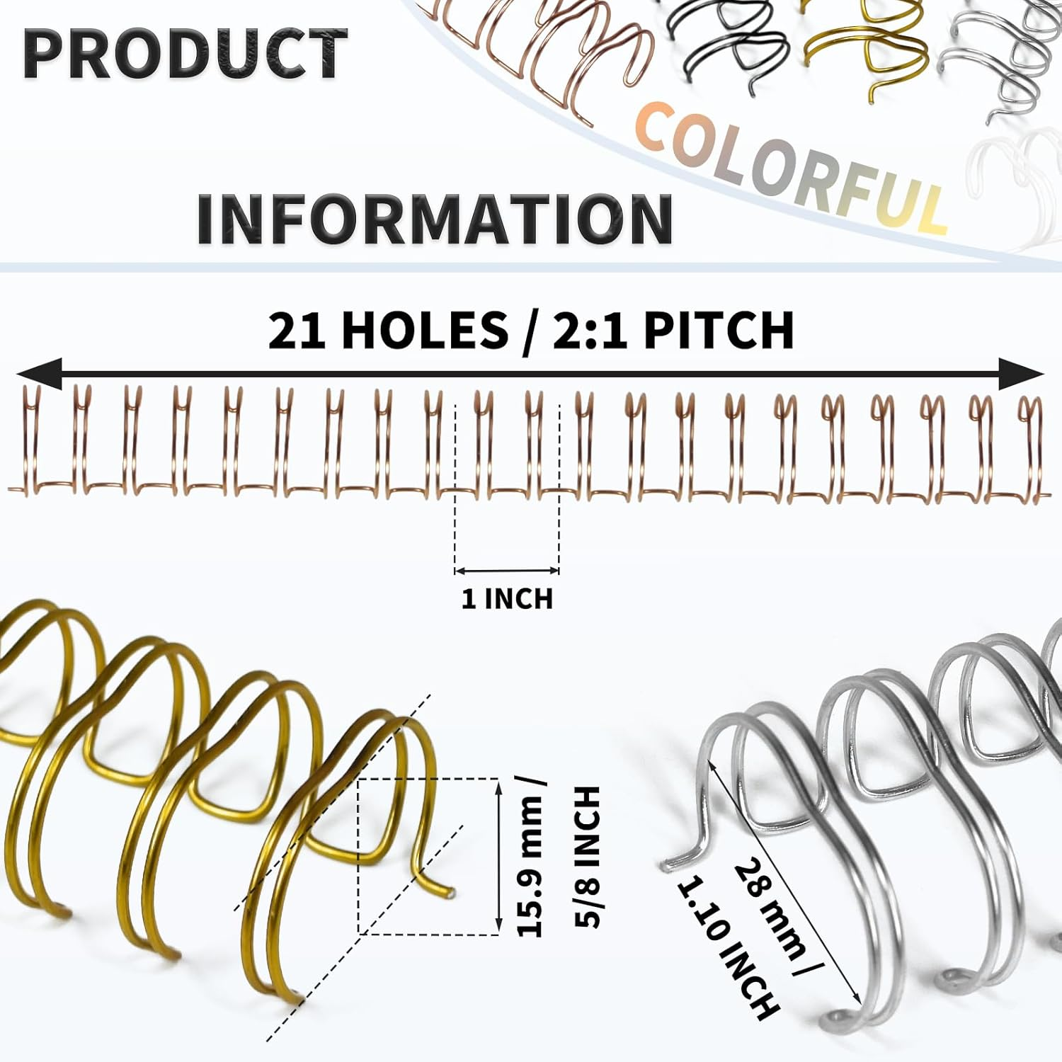 RAYSON Double Loop Wire Binding Spines, 5/8 Inch, 21 Holes, 2:1 Pitch, Binding Capacity 25-145 Sheets, Letter Size, Pack of 50 with Black, White, Rose Gold, Silver, Golden Multicolor