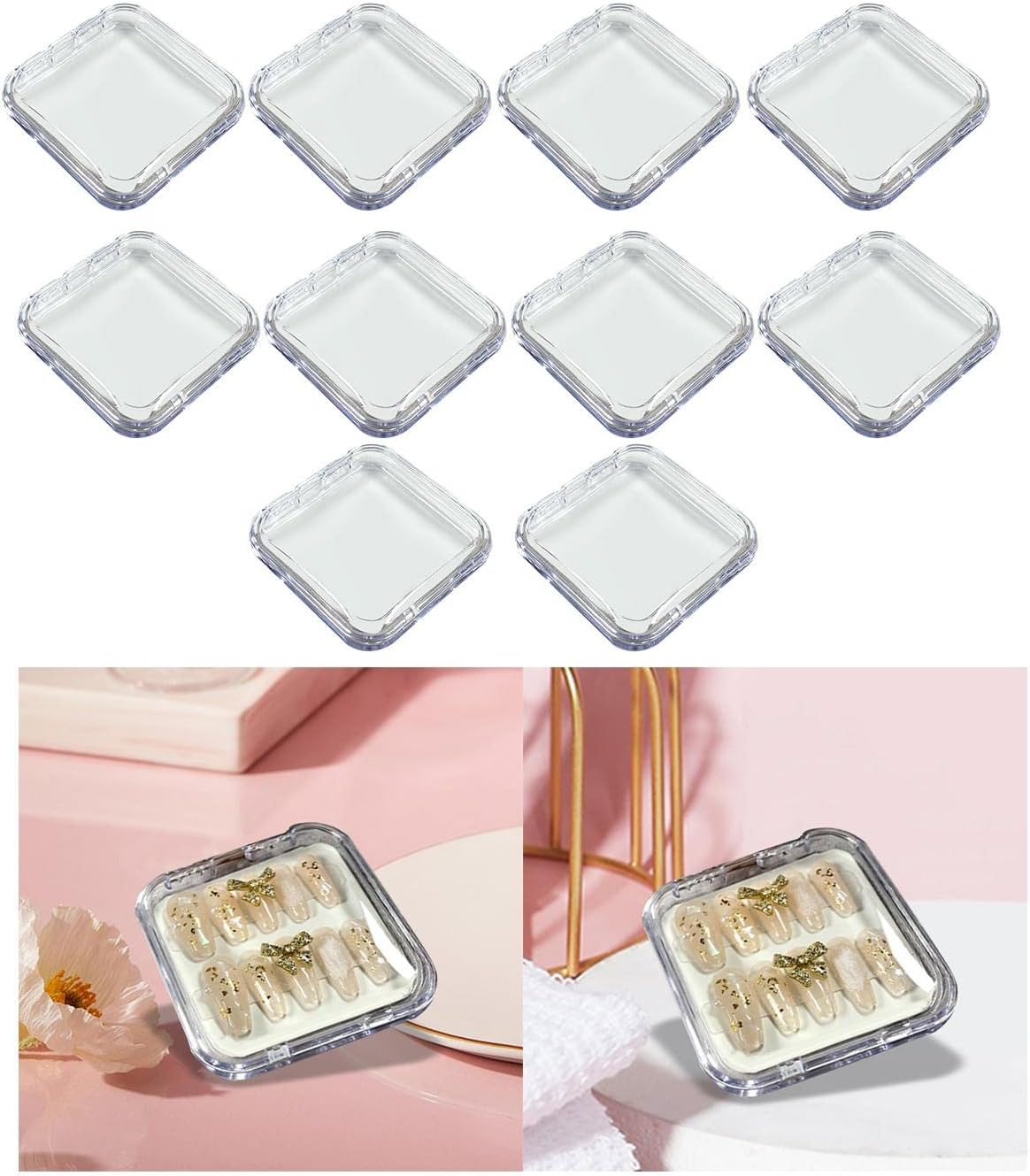 Koolsoo 10X Press on Nail Storage Box Artificial Nail Display Organizer Square Compact Empty Mini False Nail Packaging Box for Nail Salon Home Use, Clear