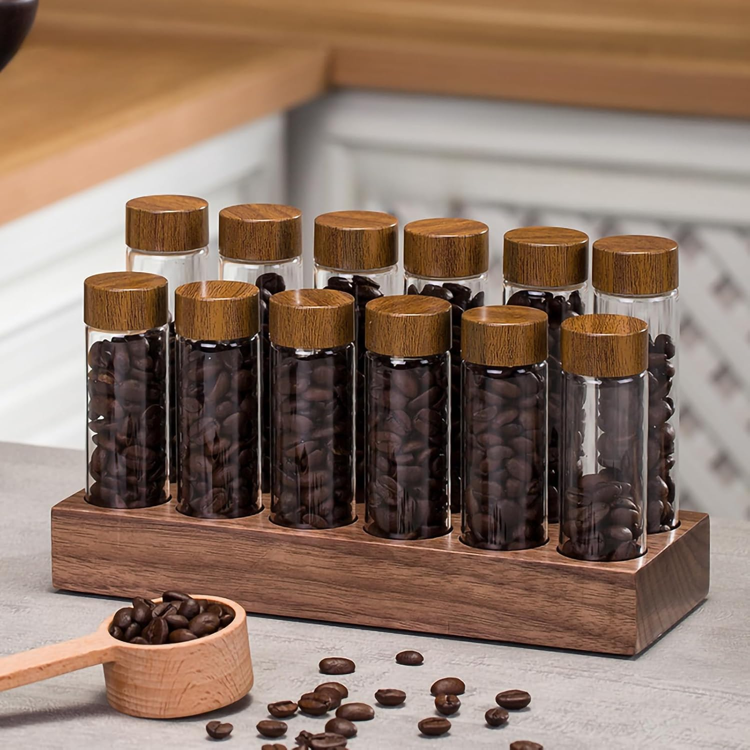 TREELF Coffee Bean Storage,Coffee Storage Container with Walnut Solid Wood Base,Coffee Bean Container,12 Tubes Single Dose with Wooden Holder(Type 2) image number 5