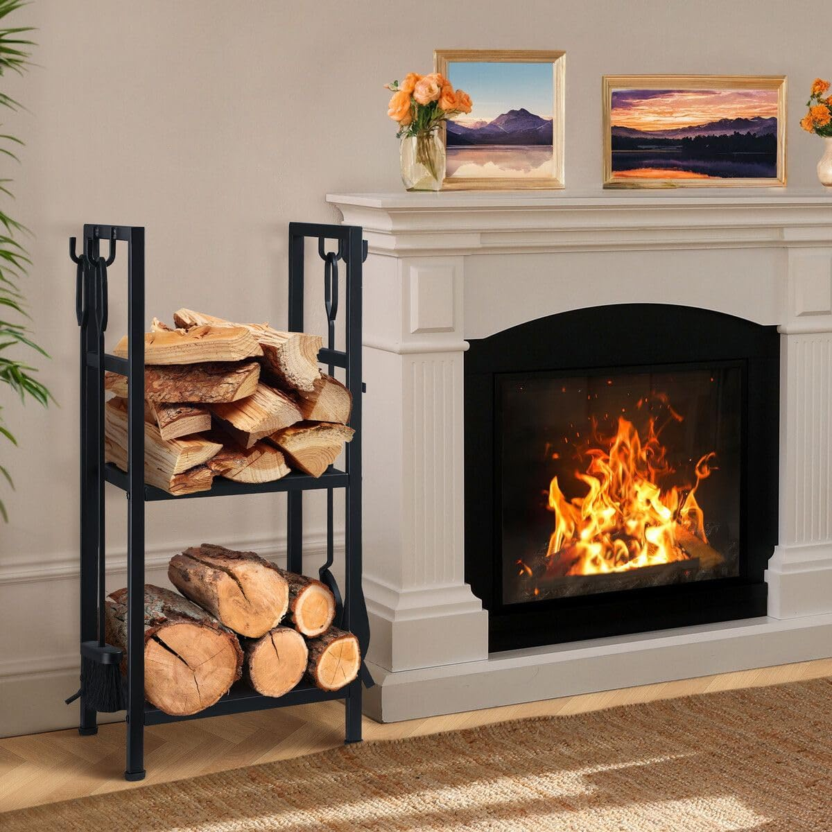 5In1 Firewood Storage Rack Fire Place Tool Kit Wrought Iron Firewood Log Storage Holder Firepit Tools Set for Fireplace, Fire Pit, Stove W/Hook, Broom, Shovel, Tongs - Black image number 6