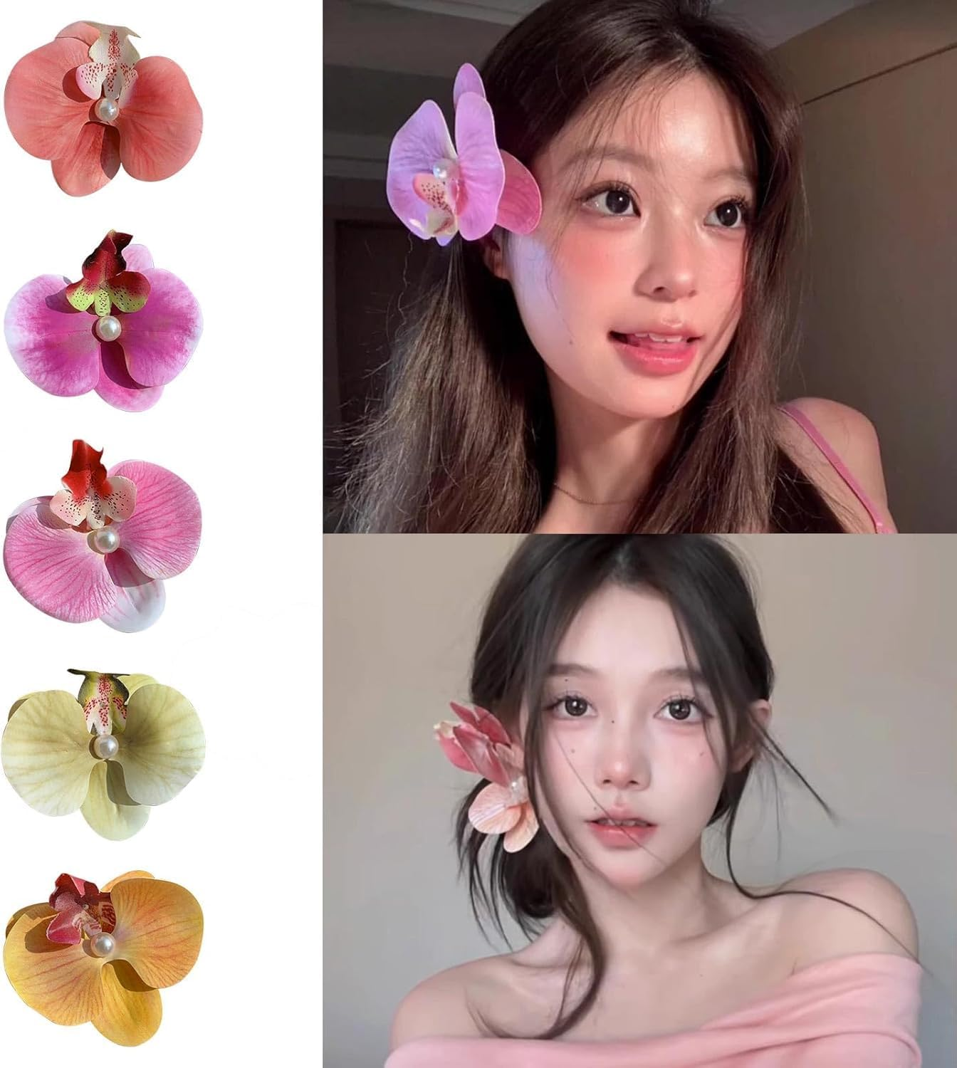 Bohemian Butterfly Orchid Hairpin, 6Pcs Big Chiffon Orchid Flower Hairpins,Tropical Flower Hair Clips, Phalaenopsis Hawaiian Orchid Artificial Large Bohemian Tropical Flower Hair Pins for Girls image number 3