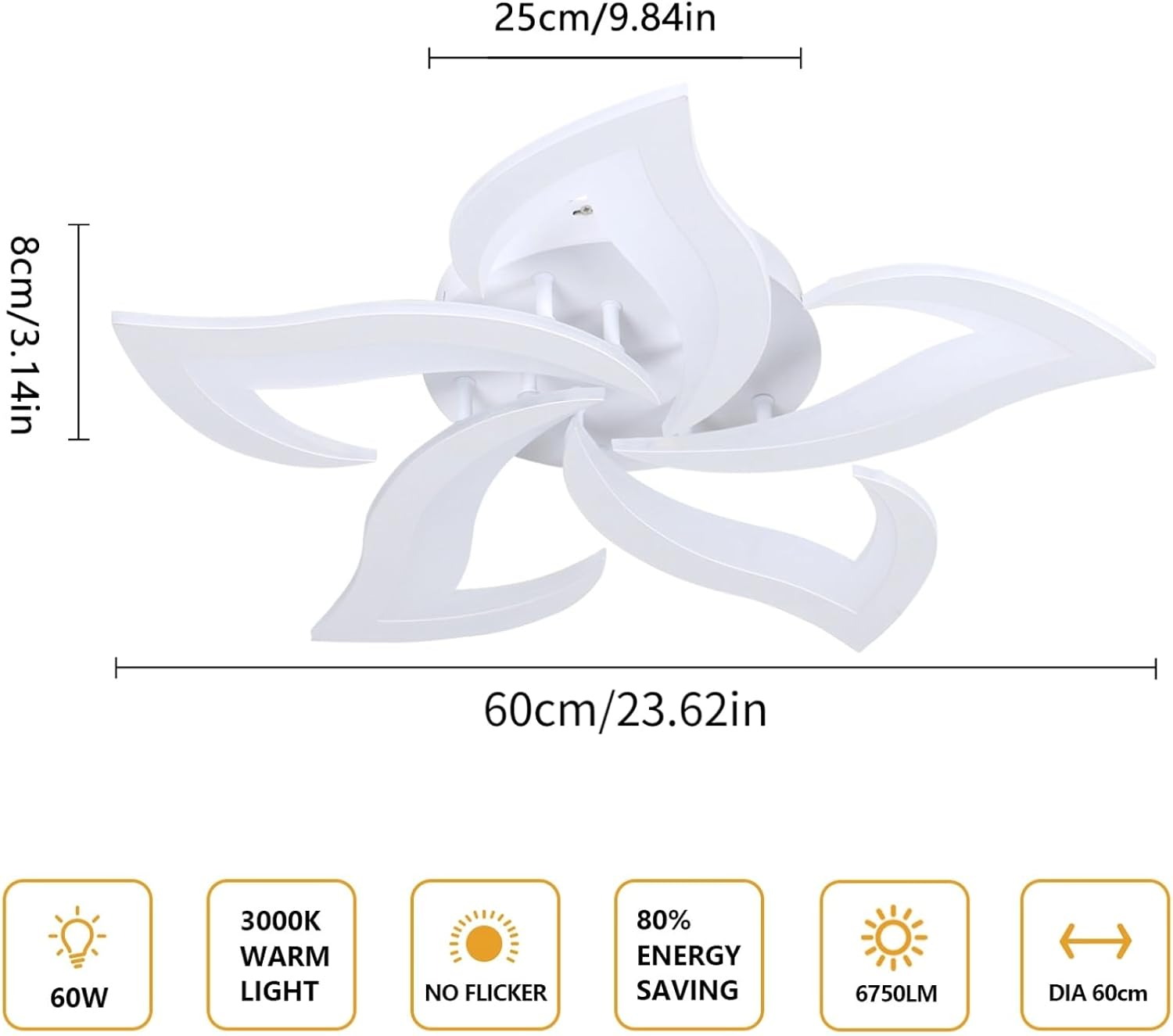 Comely Modern LED Ceiling Chandelier, 60Cm 60W 6750LM LED Ceiling Light, Modern Acrylic Flower Ceiling Light, 3000K Warm White Light, White image number 5