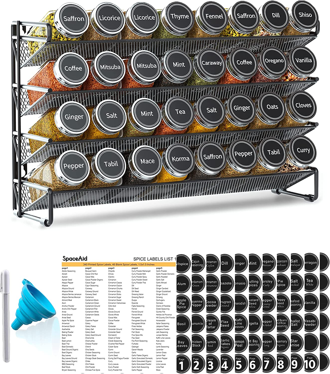 Spaceaid Spice Rack Organizer with 28 Spice Jars, 386 Spice Labels, Chalk Marker and Funnel Set for Cabinet, Countertop, Pantry, Cupboard or Door & Wall Mount - 28 Jars, 13.4" W &times; 10.8" H, Black image number 5