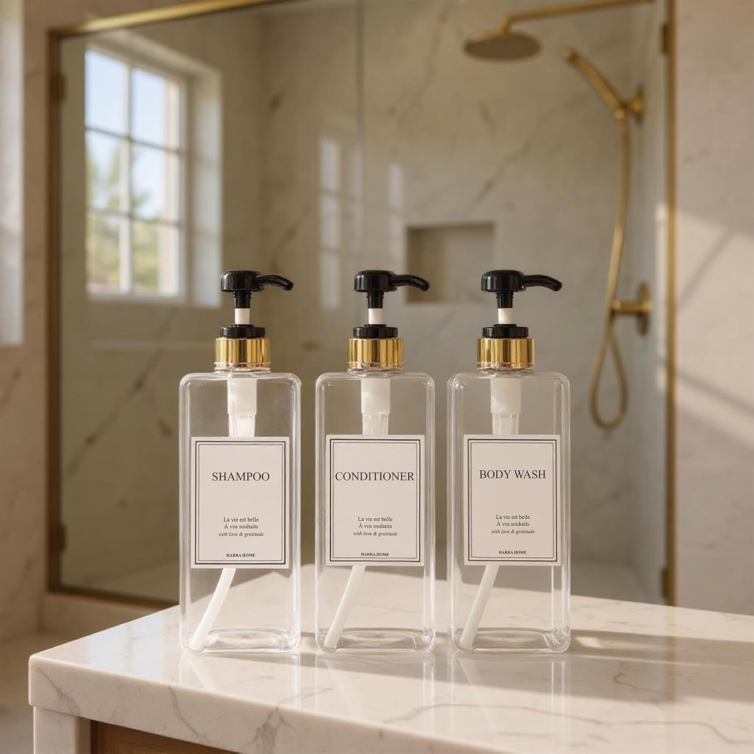 Modern Gold Design Shampoo and Conditioner Dispenser, Large 27Oz Shower Soap Dispenser, Set of 3 Refillable Empty Plastic Pump Bottles for Bathroom (6 Waterproof Labels Included), (Clear & Black) - Clear  Black image number 3
