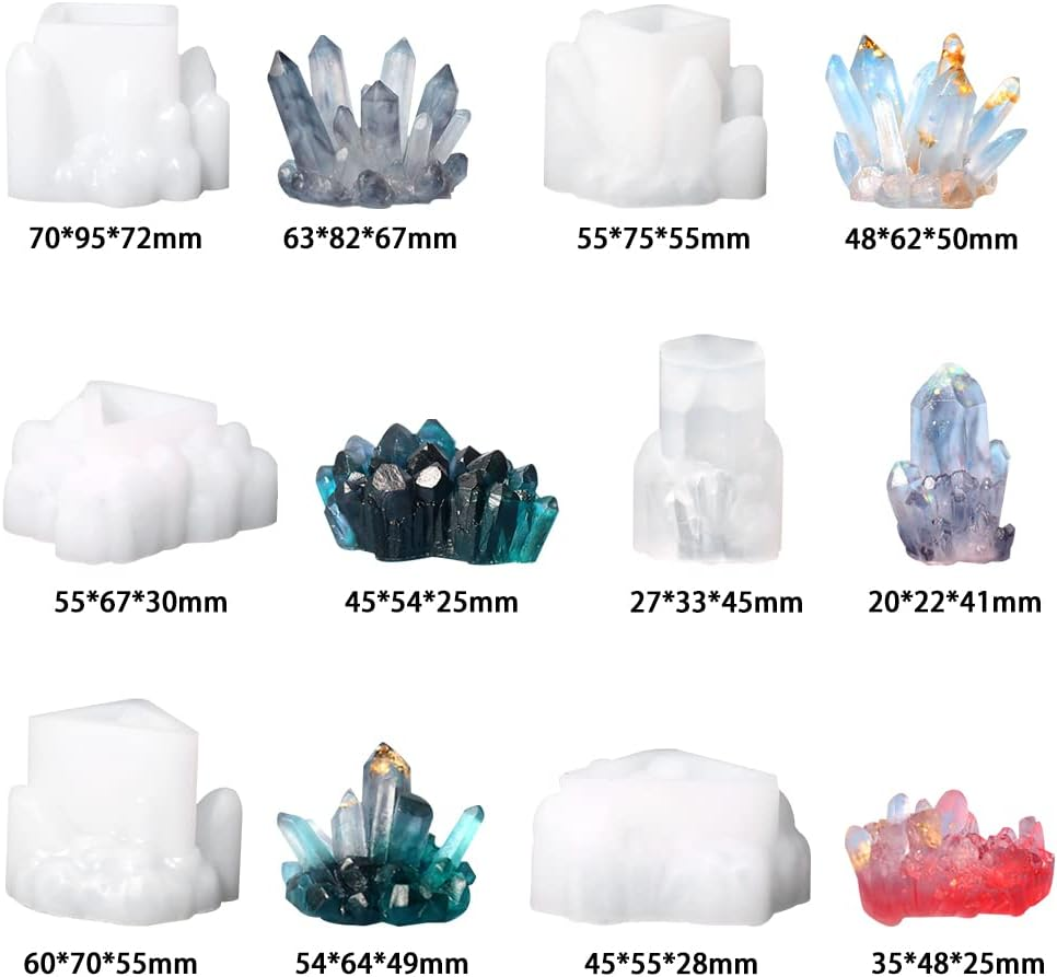 Fineinno 11 PCS Crystal Cluster Molds Set Quartz Rock Silicone Resin Mould Crystal Column Icicle Iceberg Epoxy Resin Molds with Different Shapes for Making Epoxy Druzy Stone, Rocks, Gems - Transparent,White image number 3