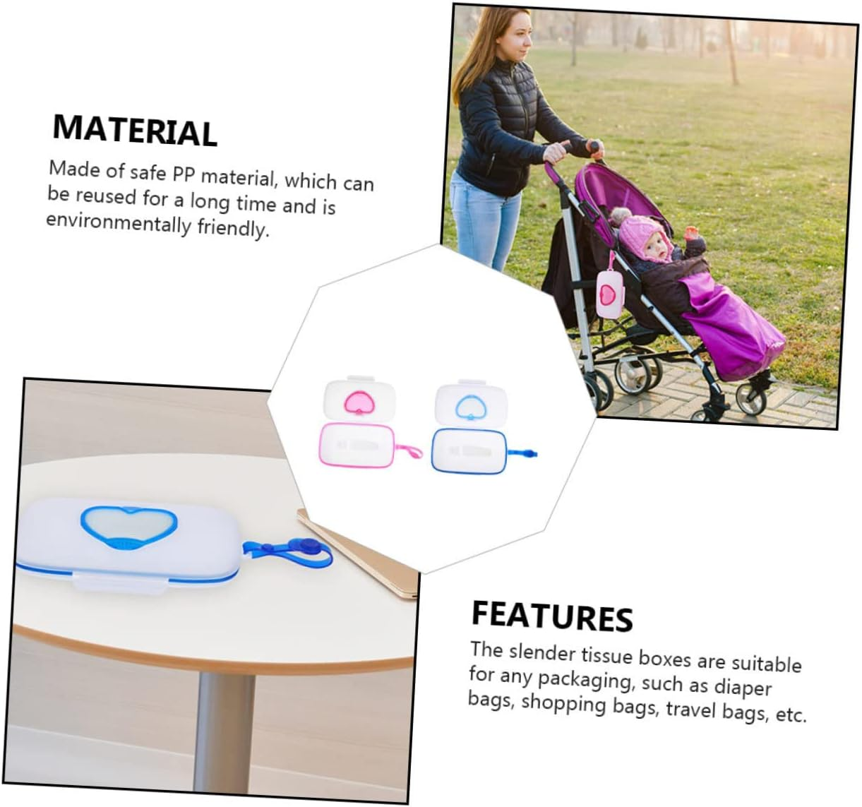 Portable Baby Tissue Case Heart Pattern, Reusable Wipes Holder for Travel, Compact Wipes Storage Box in White and Pink or White and Blue, 2Pcs Set image number 4