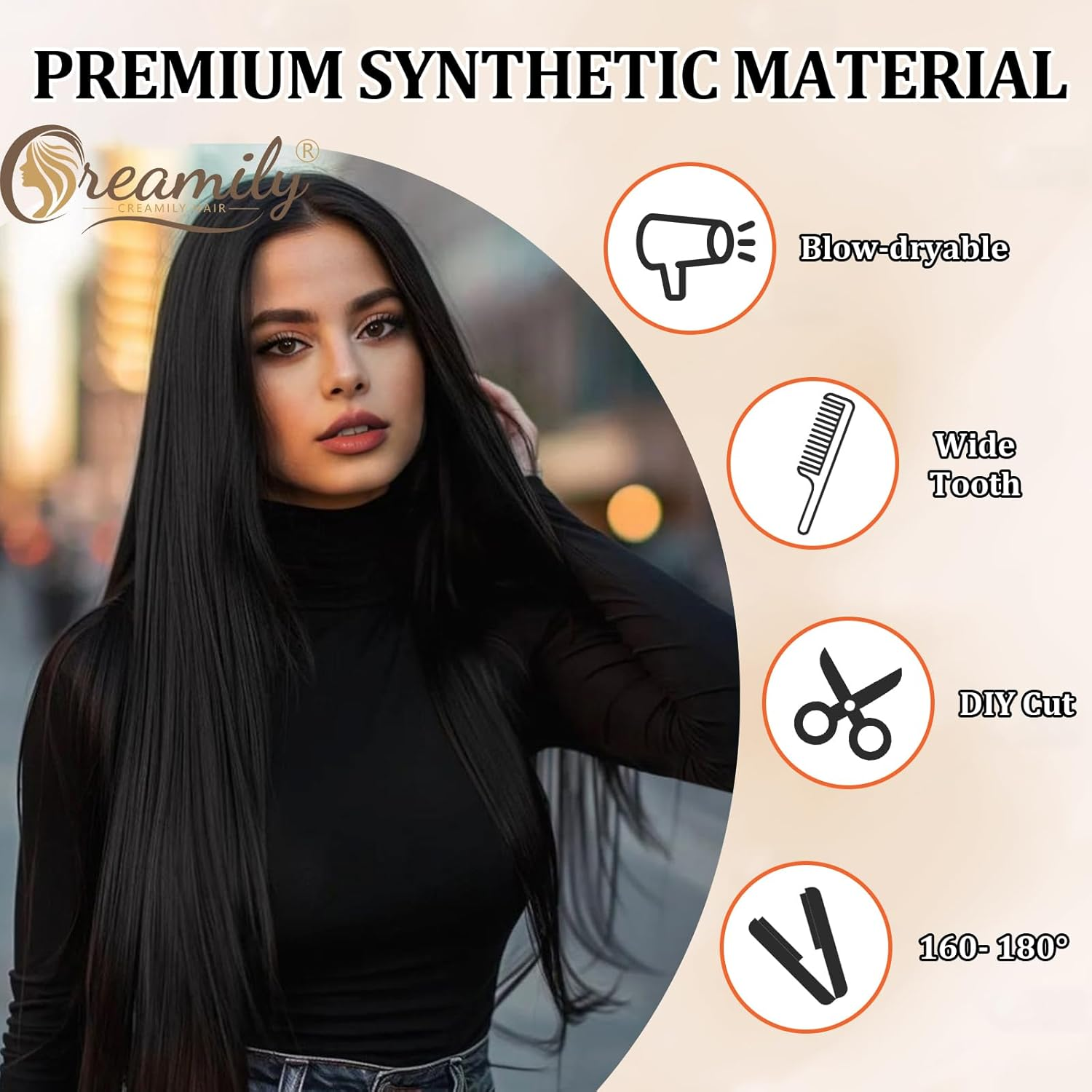 Long Black Wig for Women Halloween Cosplay Long Black Straight Hair Wig Natural Colored Synthetic Hair for Women Party Costume(28Inch, Black) - Black image number 3
