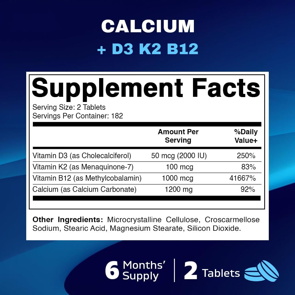 Vitamatic Calcium Supplement 1200Mg with D3, K2 & B12, Immune & Bone Health Support - 365 Coated Tablets