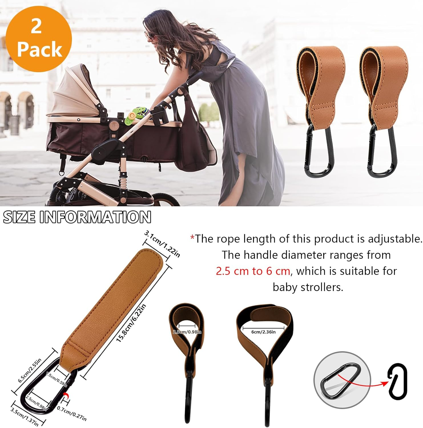 2 Pack Stroller Hooks Durable Leather Style Adjustable Carabiner Clips for Diaper Bags, Grocery Shopping & More Fits Nuna, Uppababy, BOB Strollers, Bikes, Scooters & Wheelchairs