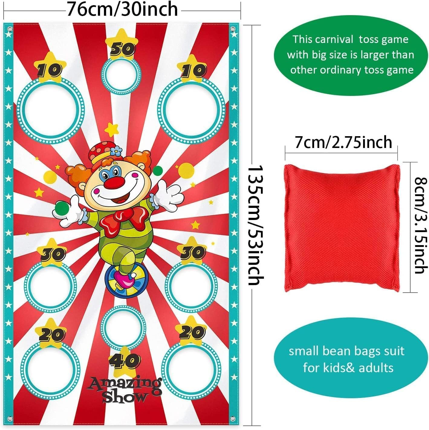 Carnival Clown Toss Game Banner with 3 Bean Bags for Kids and Adults in Carnival Party Activities Carnival Party Decoration Supply Set image number 4