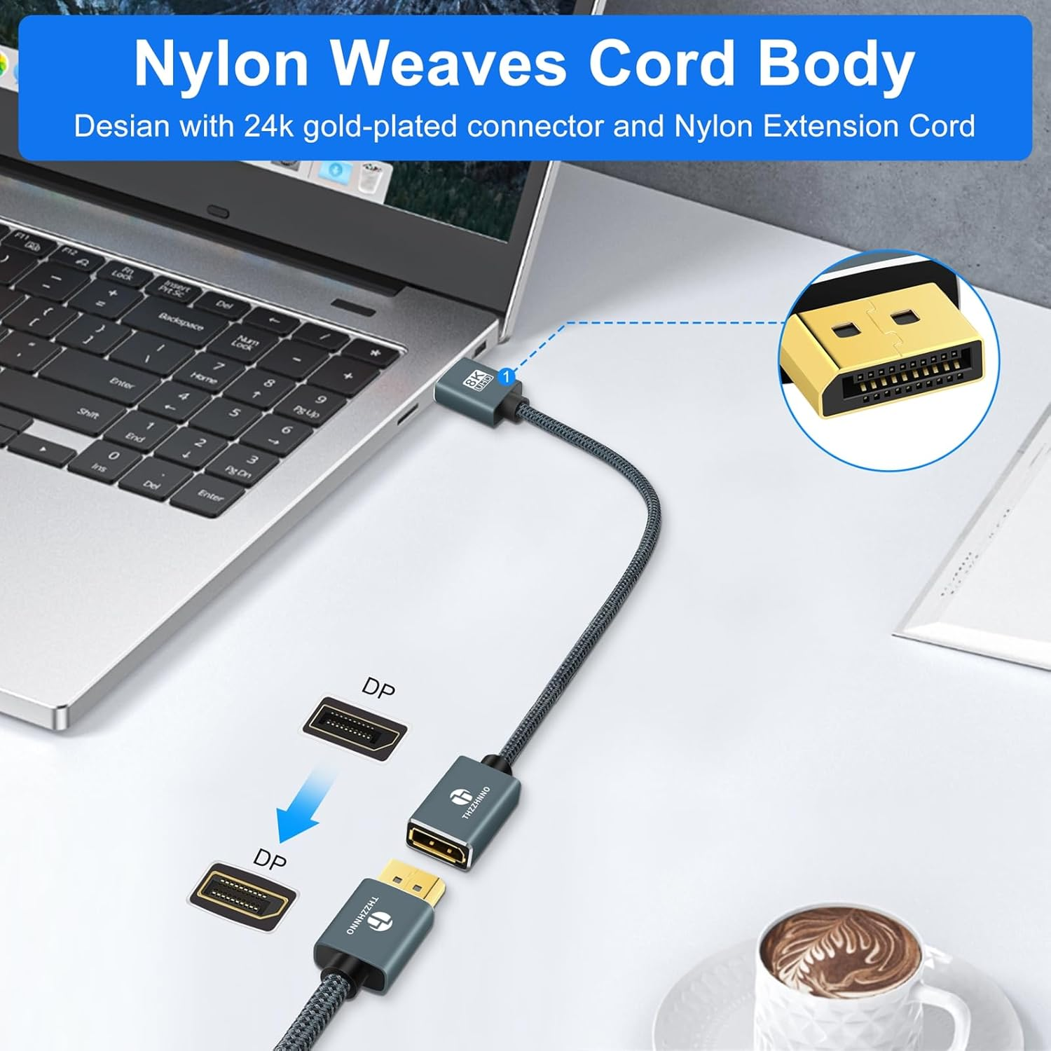 Thzzhnno Displayport Extension Cable 0.5M, 8K 1.4 Displayport Male to Female Cable, DP to DP Extended Lead Supports 8K@60Hz,4K@120Hz for Gaming Monitor, Graphics, PC image number 2