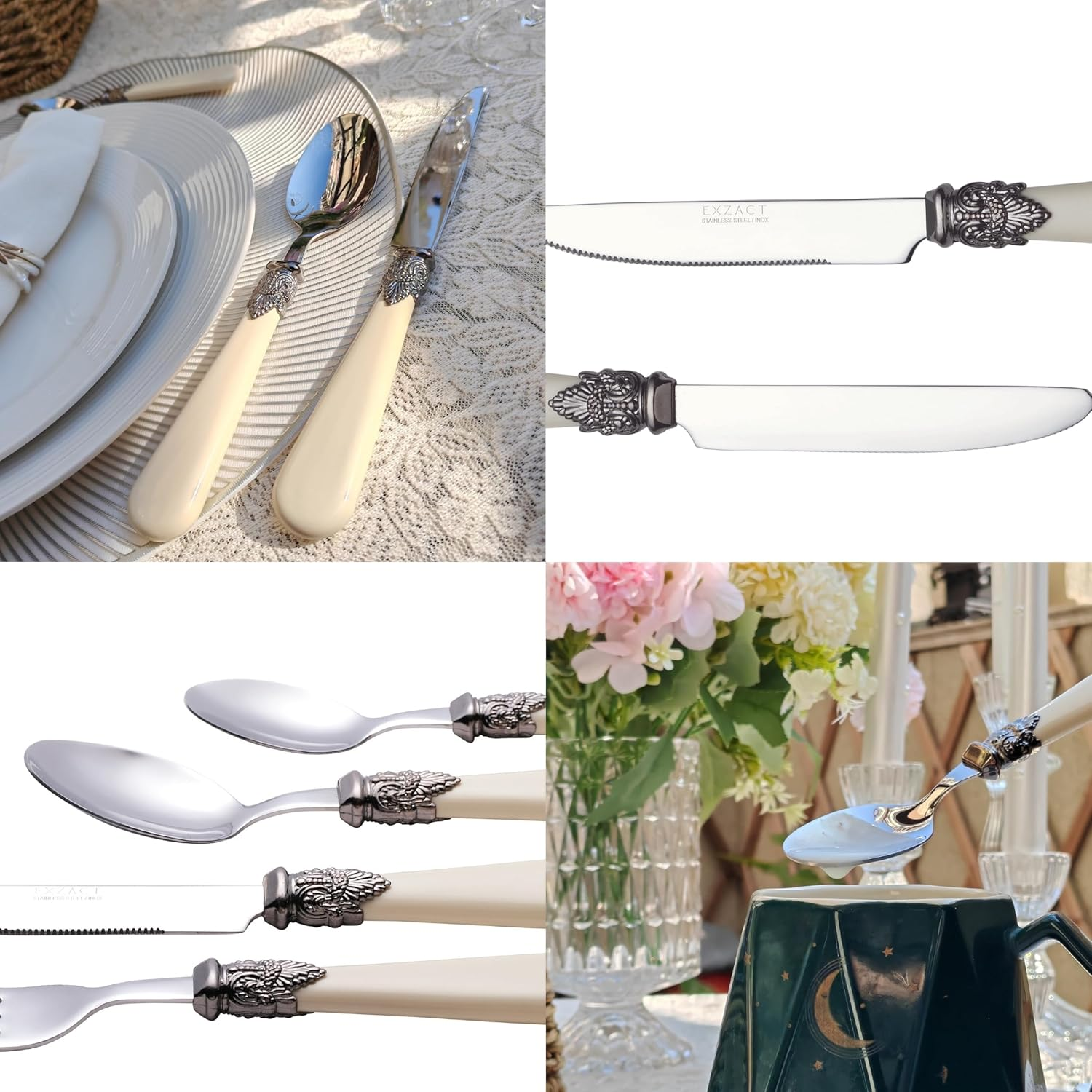 Exzact Vintage Cutlery Set 24Pcs Antique Cream Handles/Flatware Stainless Steel with Ivory Coloured Detailed Handles, Traditional Elegant Vintage/Antique Style image number 6