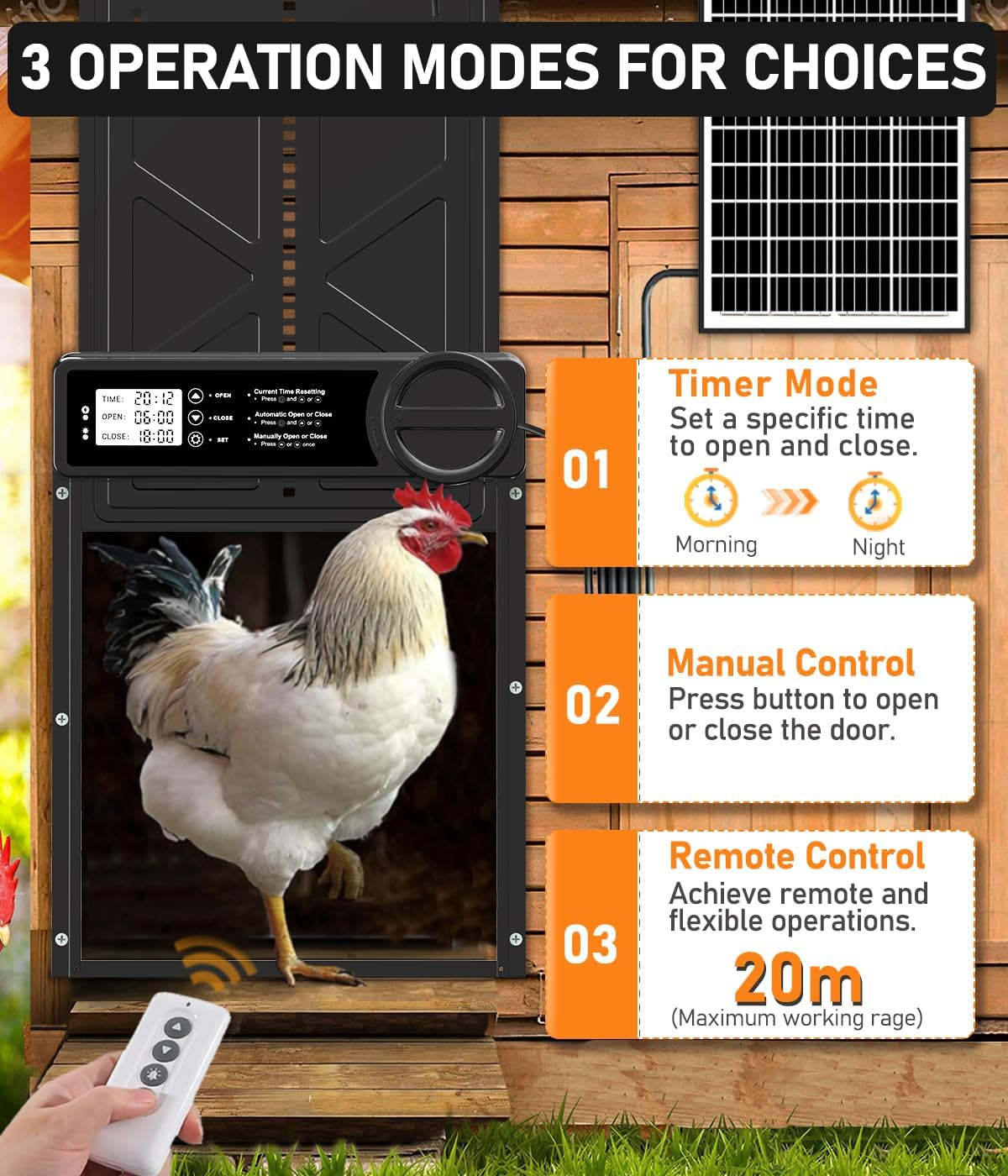 Large Size Automatic Chicken Coop Door Solar Powered - Timer/Manual Mode, Solar Chicken Coop Door Anti-Pinch, Aluminum Alloy Chicken Doors | Higher Battery Capacity | 20M Remote Control image number 5