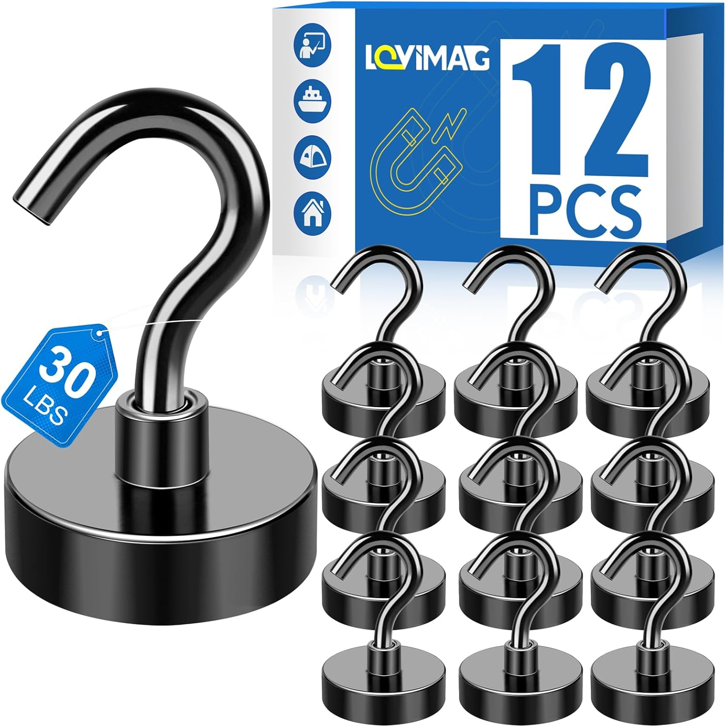 LOVIMAG Black Magnetic Hooks, 30Lbs Strong Magnetic Hooks Heavy Duty with Epoxy Coating for Refrigerator, Magnetic Cruise Hooks for Hanging, Classroom, Office, and Kitchen - Pack of 12