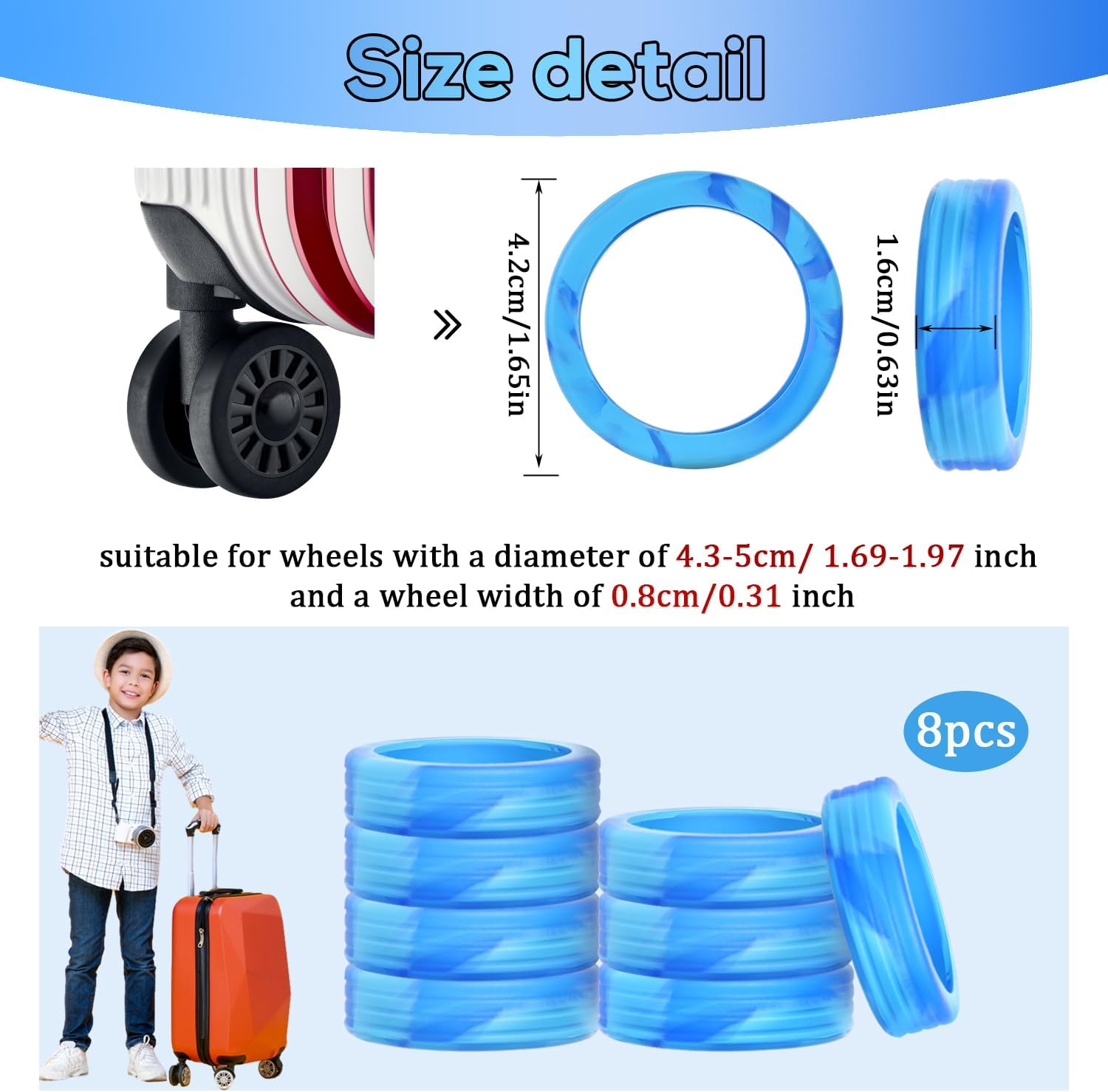 8Pcs Luggage Wheel Covers 4.2X1.5Cm Silicone Luggage Wheel Protector Wheel Covers Accessories Noise Proof for Most 8-Spinner Wheels Suitcase, Blue + Light Blue, 4,2X1,6Cm - Blue + Light Blue image number 6