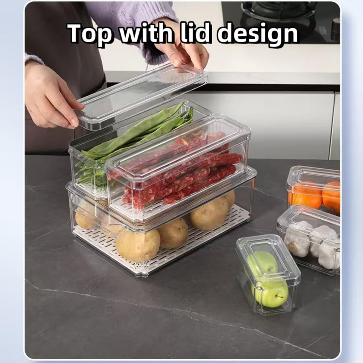 Refrigerator Organizers and Storage, Set of 7 Fridge Organiser, Fruit Storage Containers for Fridge Keep Fresh, Stackable Food Storage Containers with Lids for Vegetables, Fruits, Food, Drinks image number 3