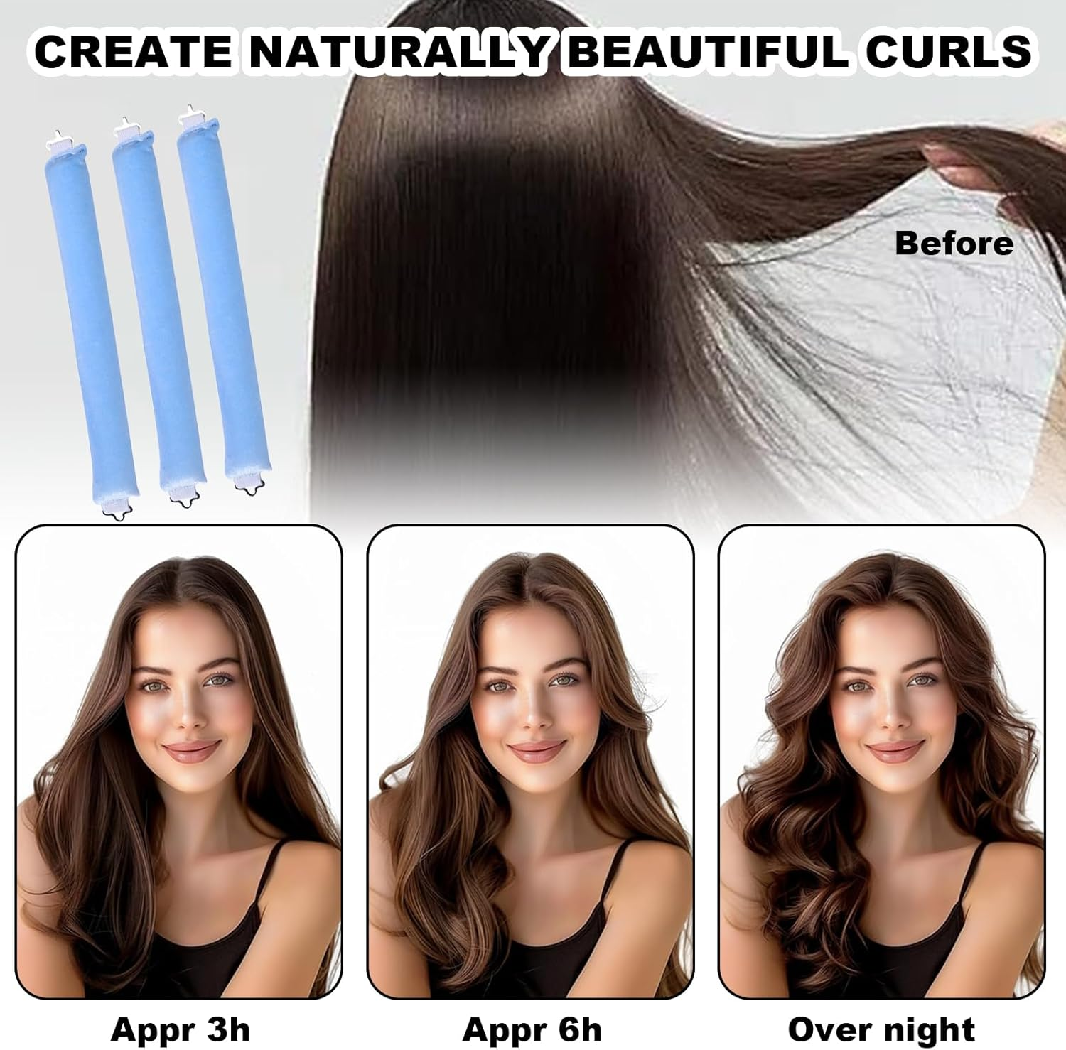 Pack of 3 Heatless Curls, Flexi Rods with Hooks, Overnight, for Different Hair Types, Long and Short Hair (Blue, M) image number 5