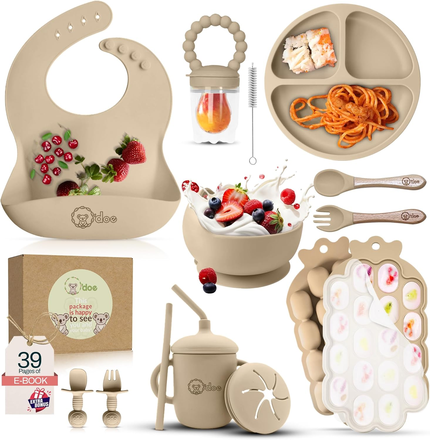 15 Pcs Silicone Baby Feeding Set with Suction Plate, Bowl, Bib, Sippy Cup, Fruit Feeder, Freezer Tray &ndash; Baby Plates and Bowls Set (Beige, V5: Nurture Pack [15 Pieces])