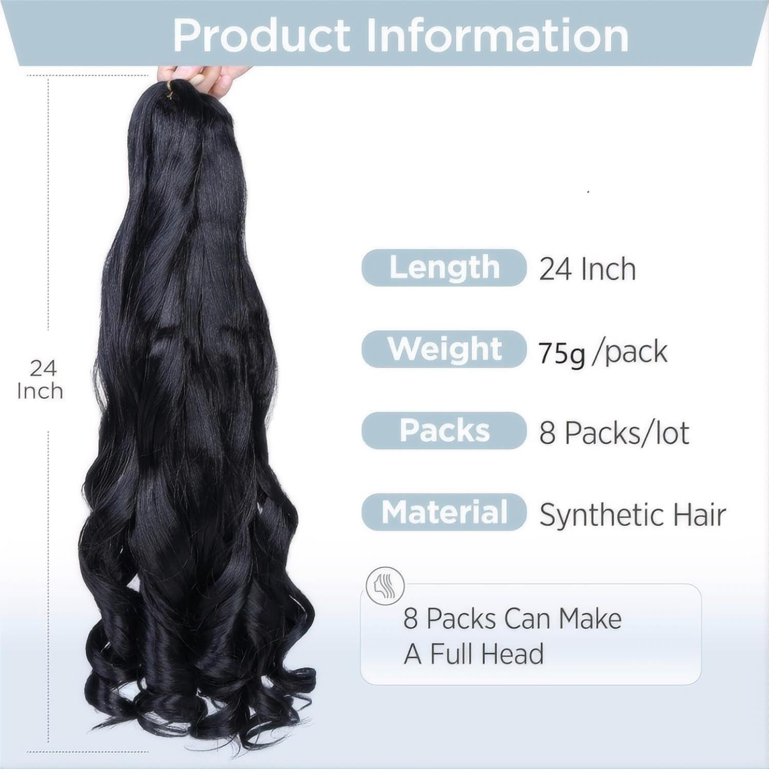 24 Inch French Curl Braiding Hair Pre Stretched 6 Packs Loose Wave Bouncy Braiding Hair Spiral Curly Braids Hair Extensions (1B) image number 3